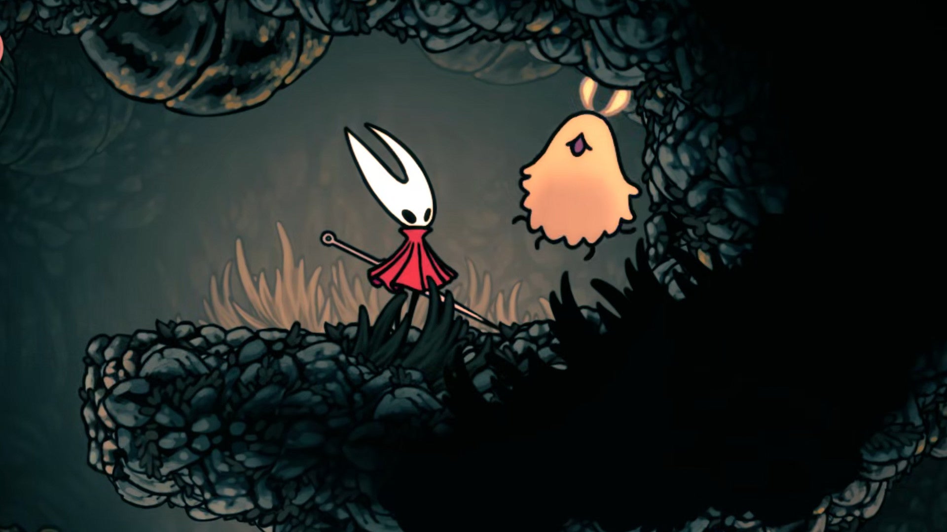 Hornet in Hollow Knight: Silksong stands next to a rescued Flea above Songclave. - 1