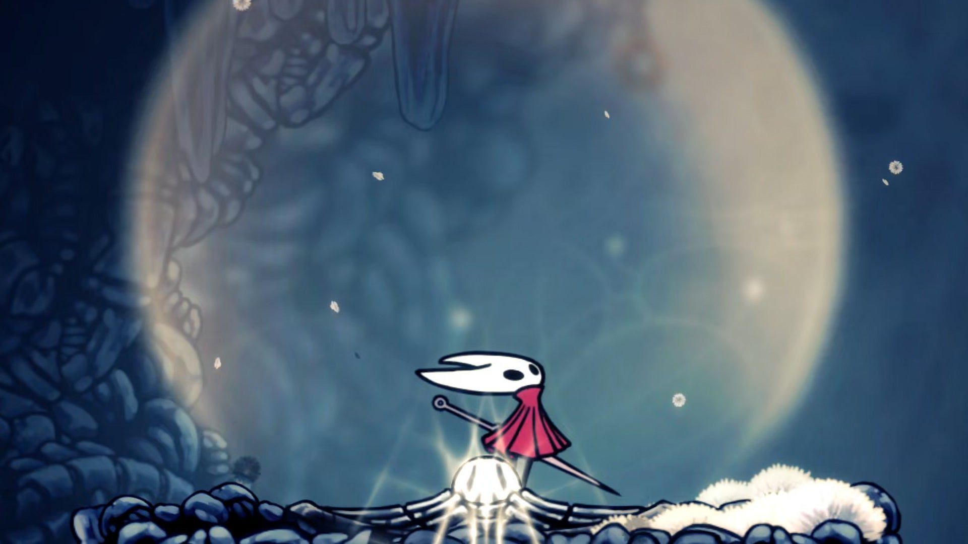 Hornet in Hollow Knight: Silksong stands inside one of the warming bubbles of light in Mount Fay, and looks upwards at the ascend ahead. - 1