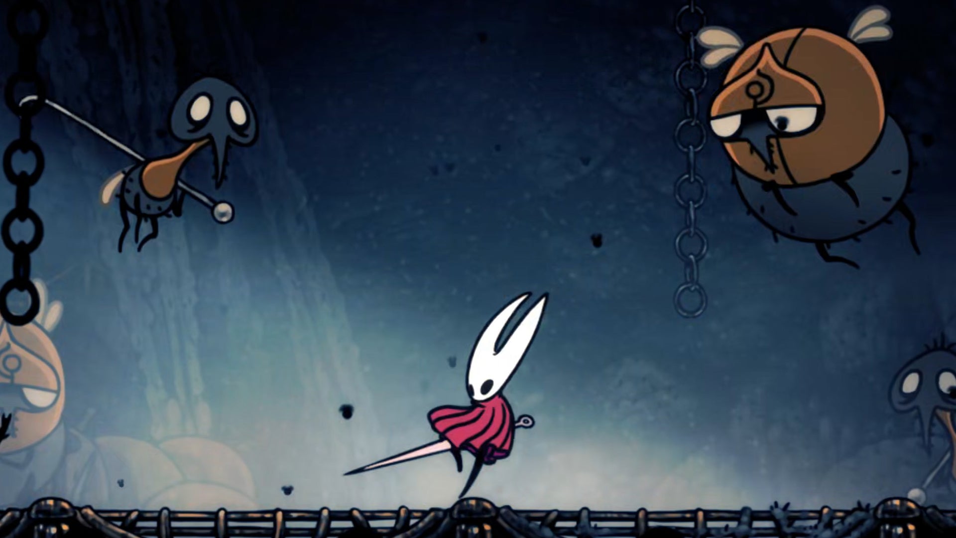 Hornet in Hollow Knight: Silksong dodges along the ground of a room in The Slab as two enemies, one large and one small, fly down from above to attack her. - 1