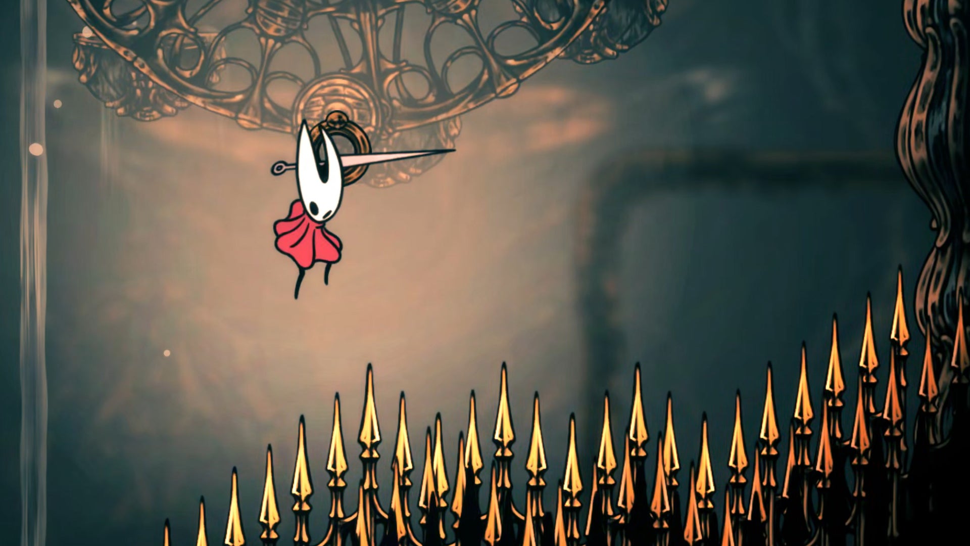 Hornet in Hollow Knight: Silksong hangs off a ring-shaped hook on a wheel with her Clawline, and looks down at the golden spikes below in the High Halls. - 1