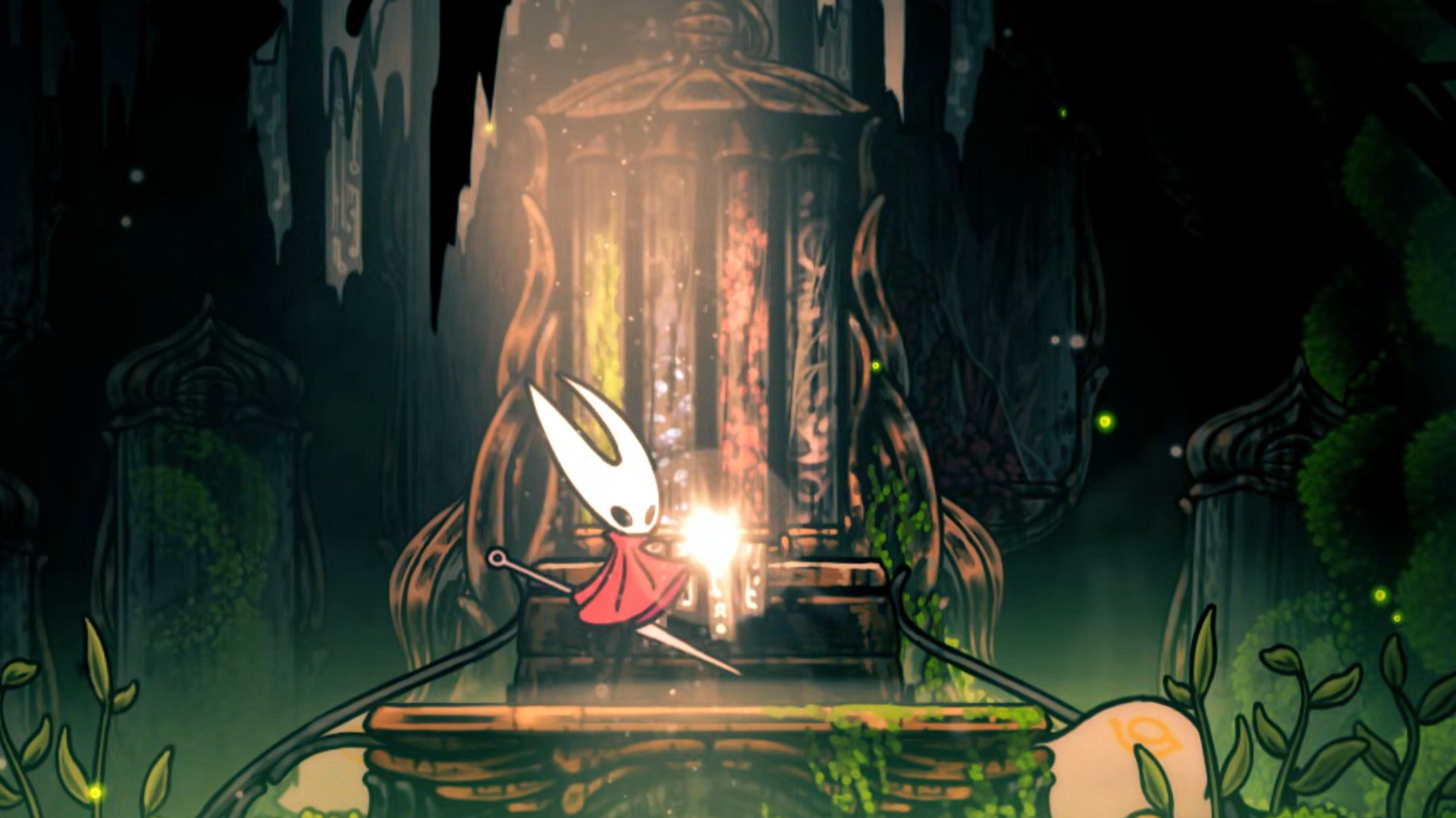 Hornet in Hollow Knight: Silksong takes an item from a large multicoloured pedestal in the Memorium region. - 1