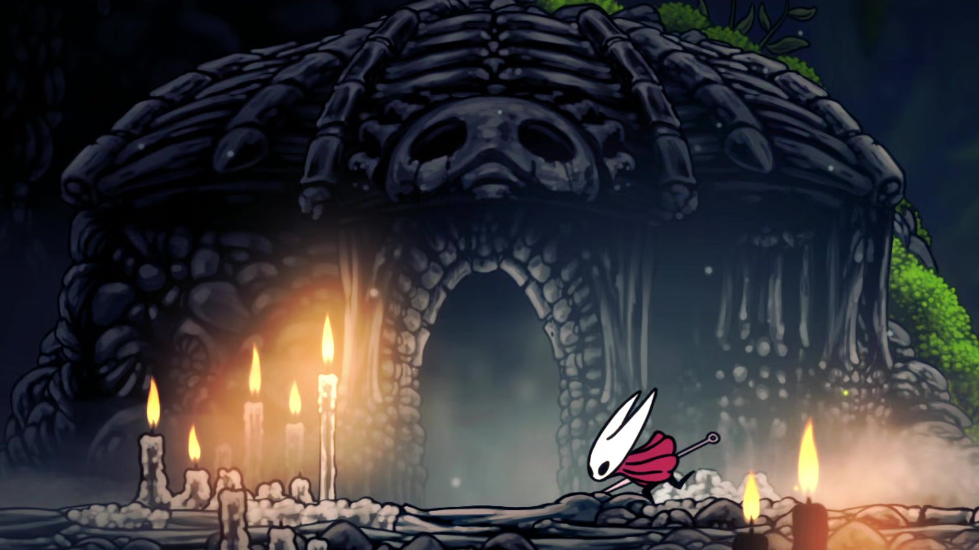 Hornet, the main character of Hollow Knight: Silksong, enters a foreboding-looking building lit outside by candles. - 1