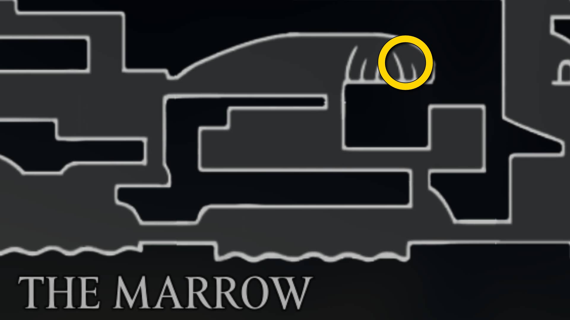 Part of the Hollow Knight: Silkson map of the bone marrow, showing the location of the tyrant's hideout of the skull.