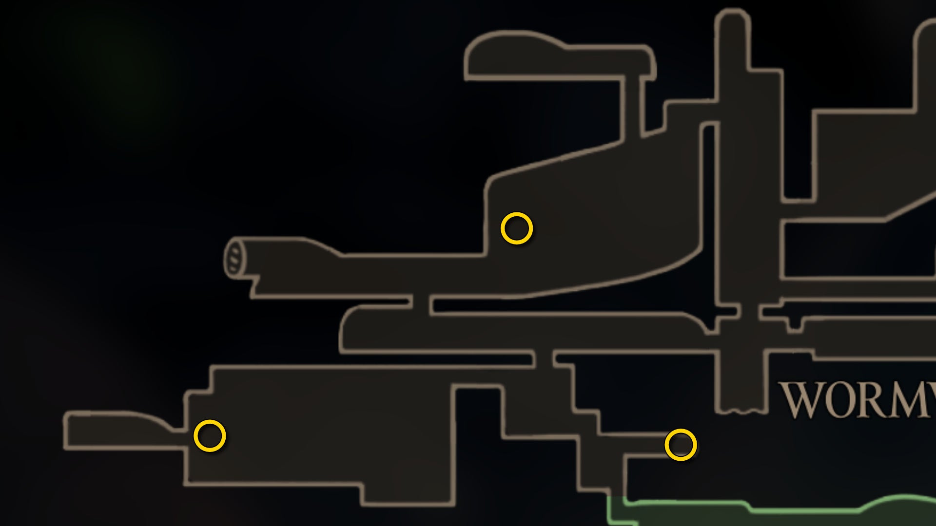 Part of the Hollow Knight: Silksong map of the Wormways, showing the locations of all 3 Plasmium for Zylotol's quest. - 27