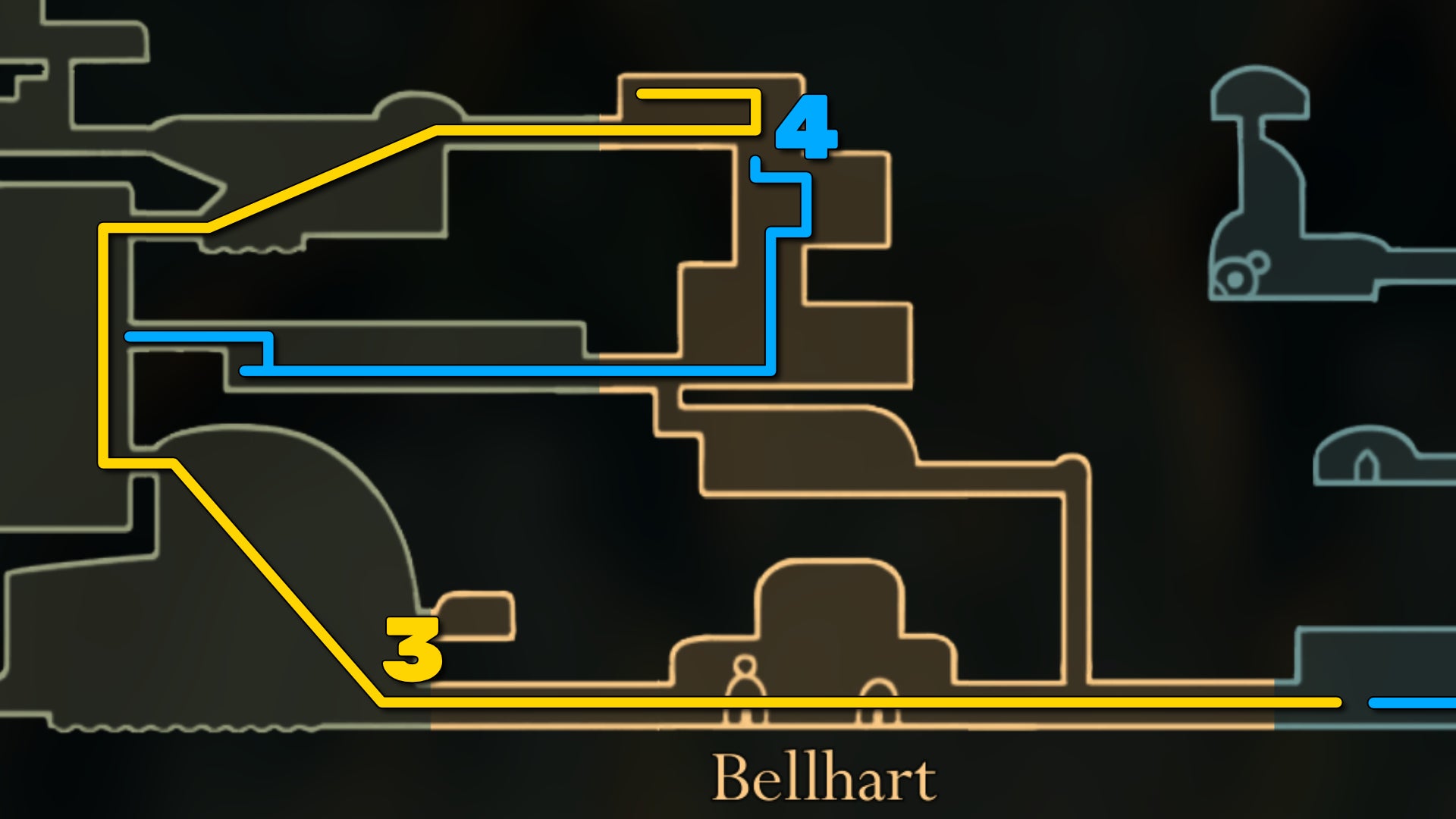 Part of the Hollow Knight: Silksong map of Bellhart, showing the path forward according to our walkthrough. - 7