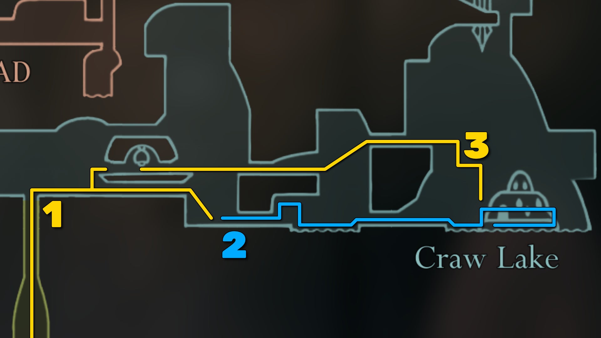Part of the Hollow Knight: Silksong map of Greymoor, showing the path forward according to our walkthrough. - 3