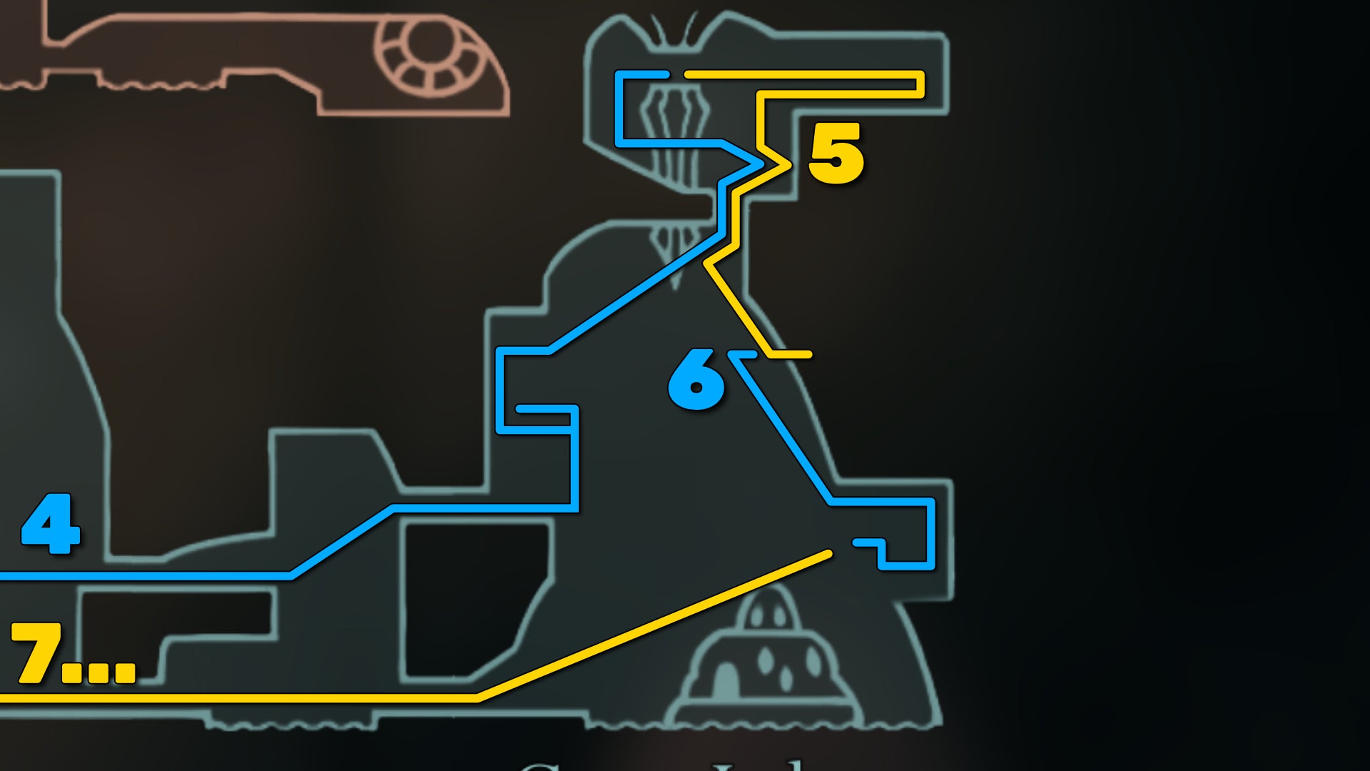 Part of the Hollow Knight: Silksong map of Greymoor, showing the path forward according to our walkthrough. - 9