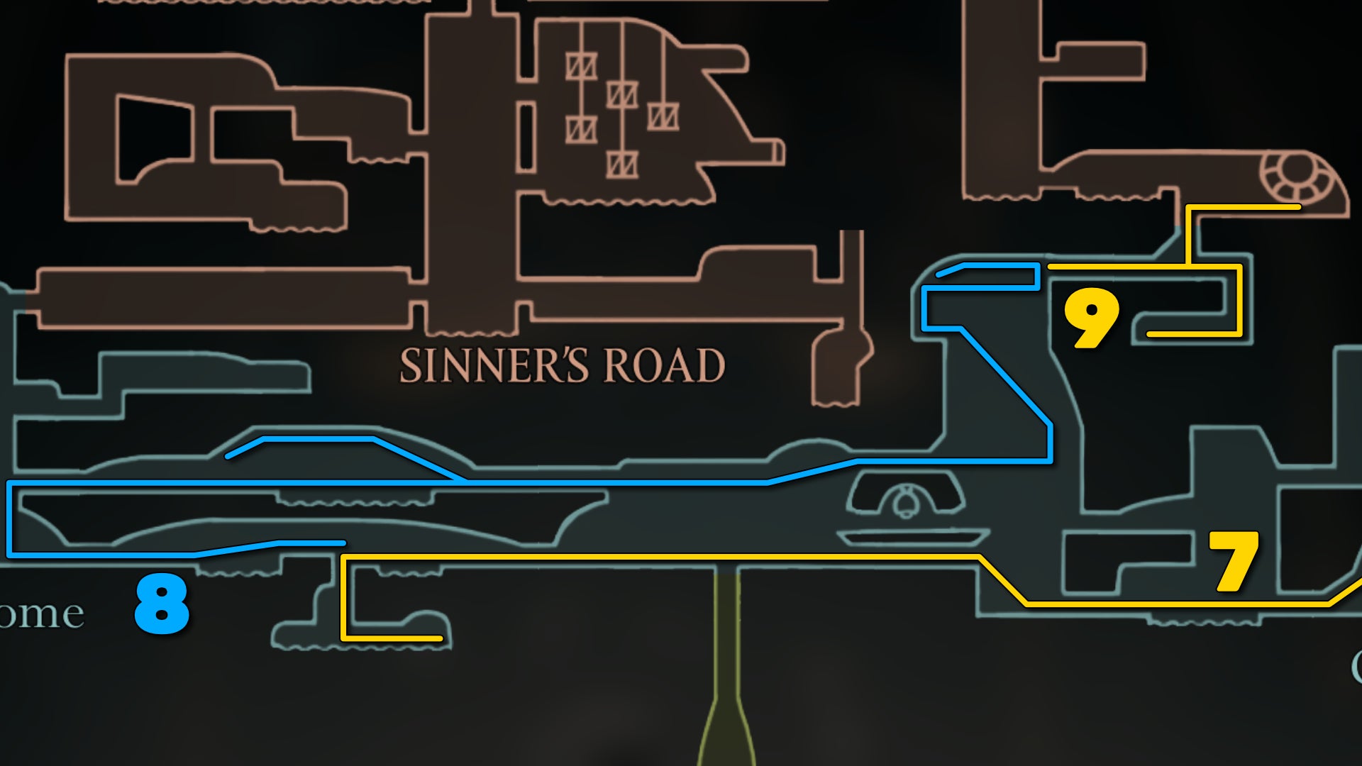 Part of the Hollow Knight: Silksong map of Greymoor, showing the path forward according to our walkthrough. - 16