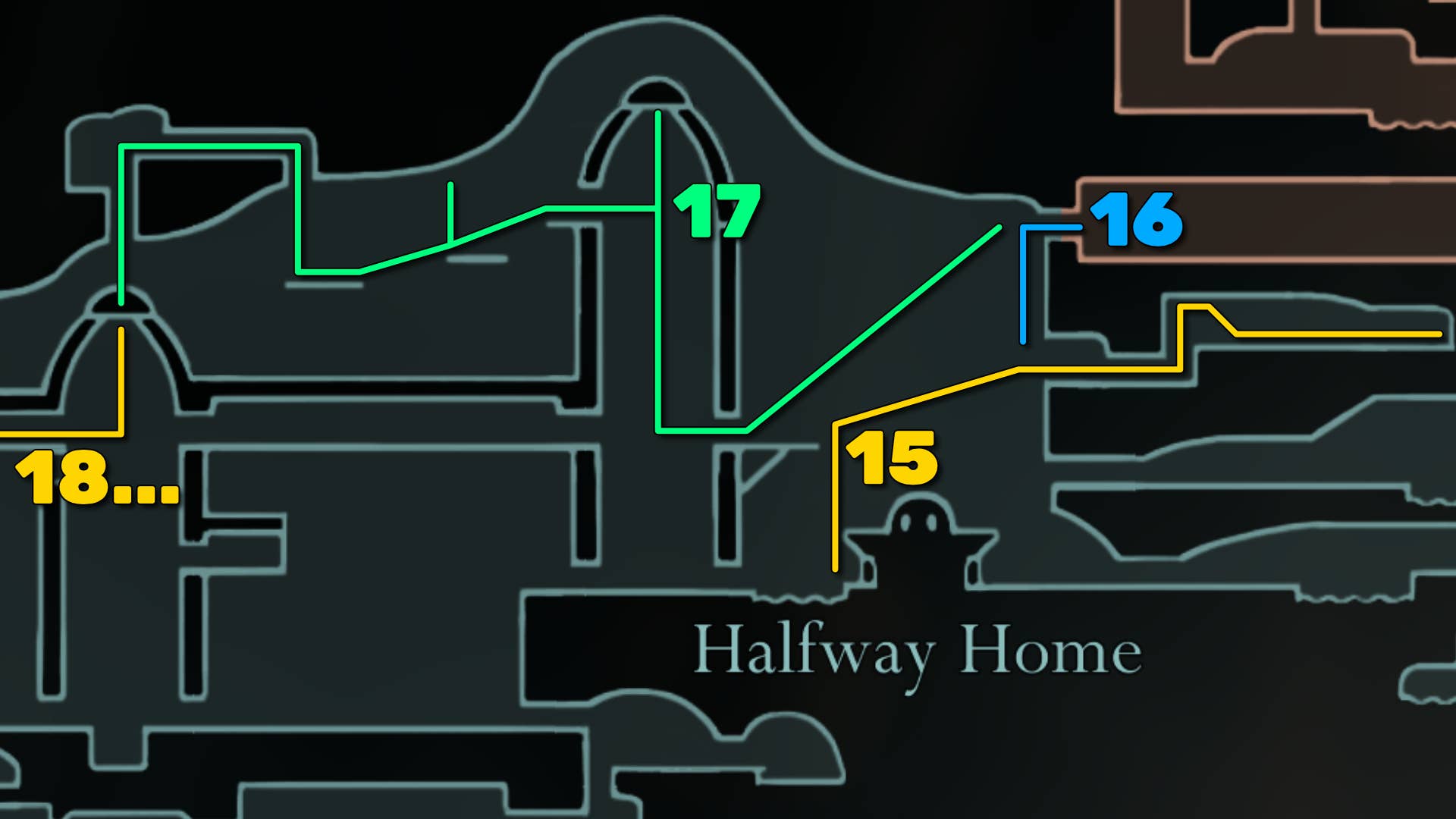 Part of the Hollow Knight: Greymore's Silkson Map, showing the path to advance following our walkthrough.