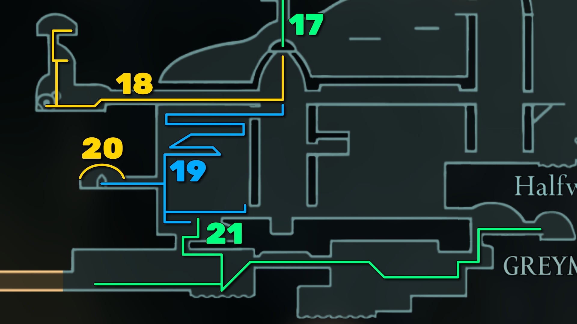 Part of the Hollow Knight: Silksong map of Greymoor, showing the path forward according to our walkthrough. - 53