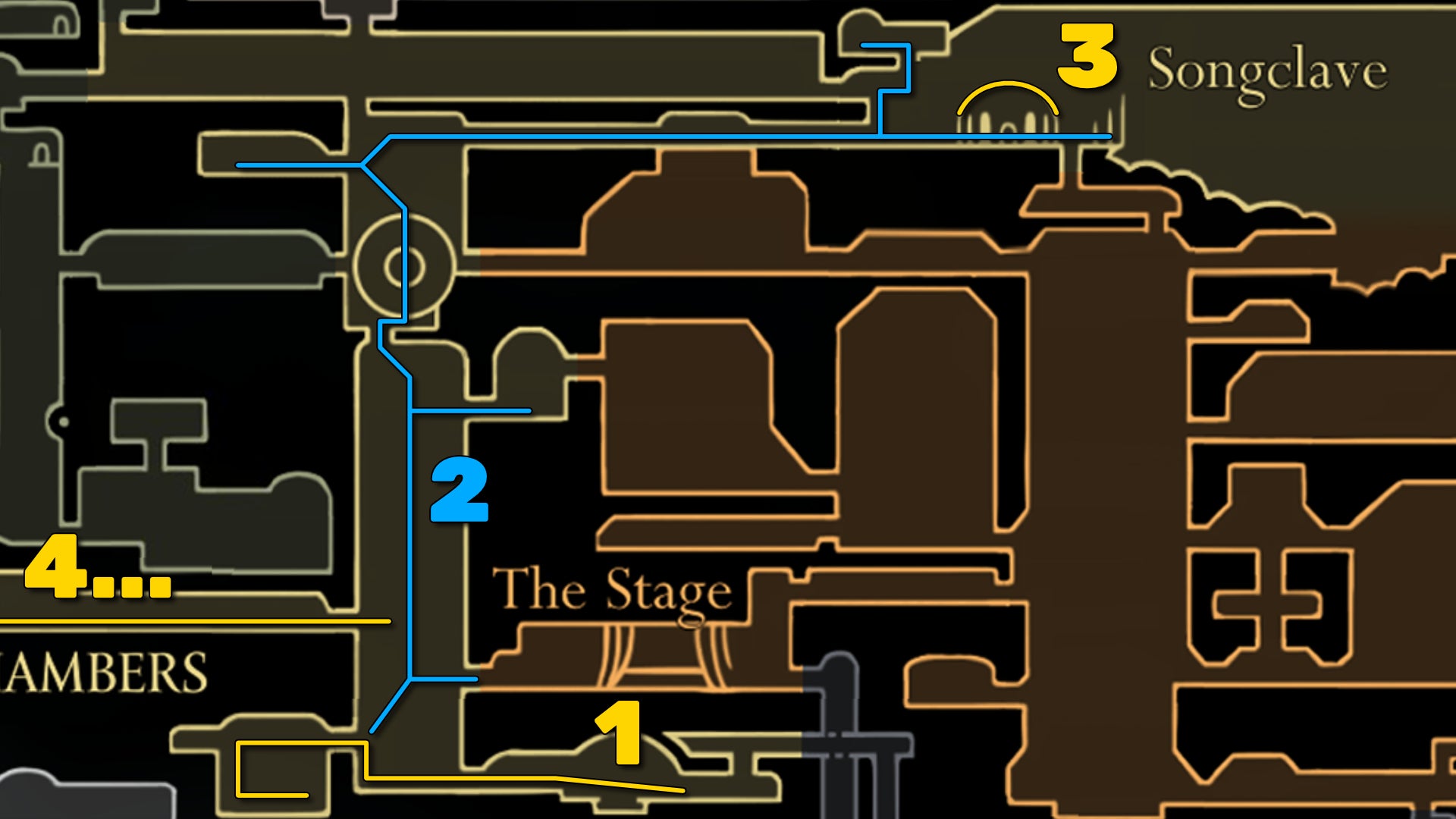 Part of the Hollow Knight: Silksong map of Choral Chambers, showing the path forward according to our walkthrough. - 3