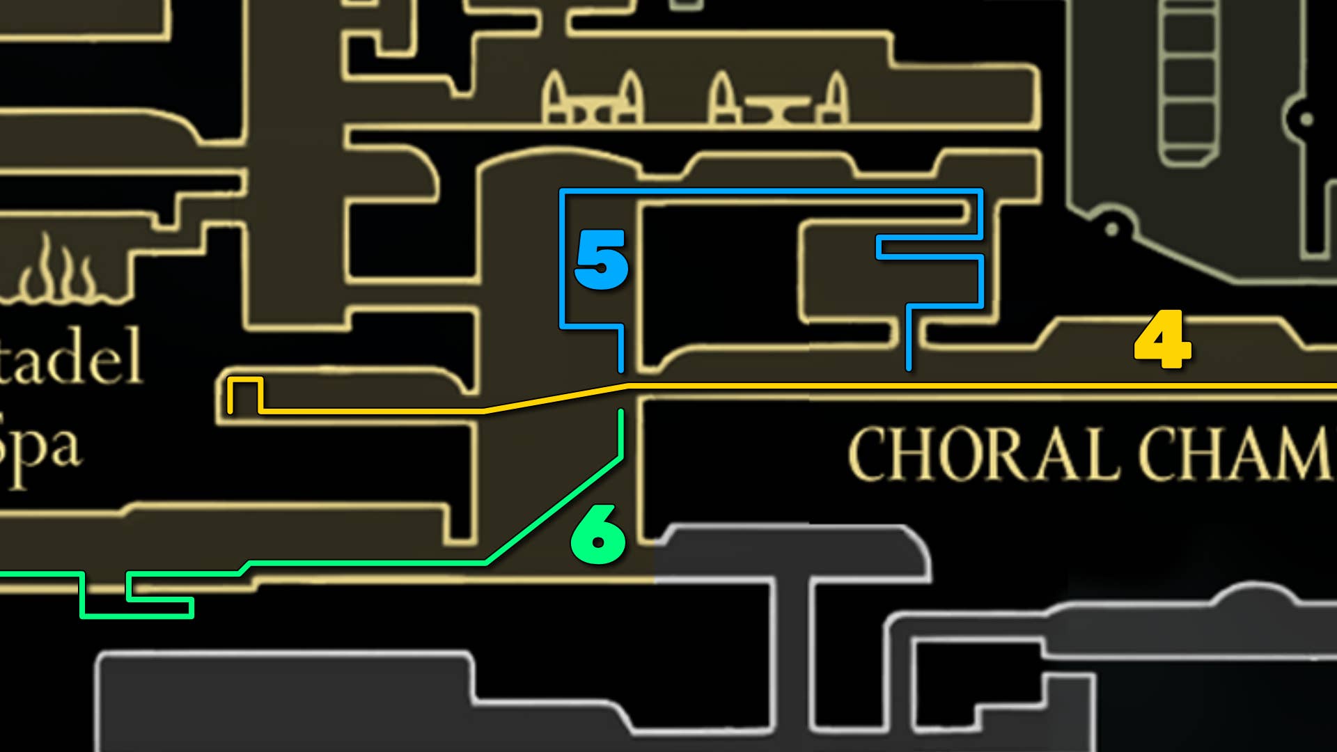 Part of the Hollow Knight: Silkson Map of the Choir Room. It shows you the path to follow our walkthrough.