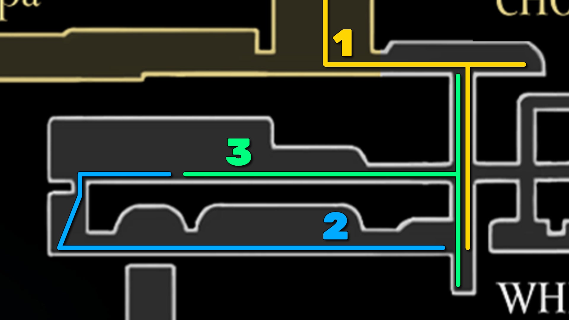 Part of the Hollow Knight: Silksong map of the Whiteward, showing the path forward according to our walkthrough. - 3