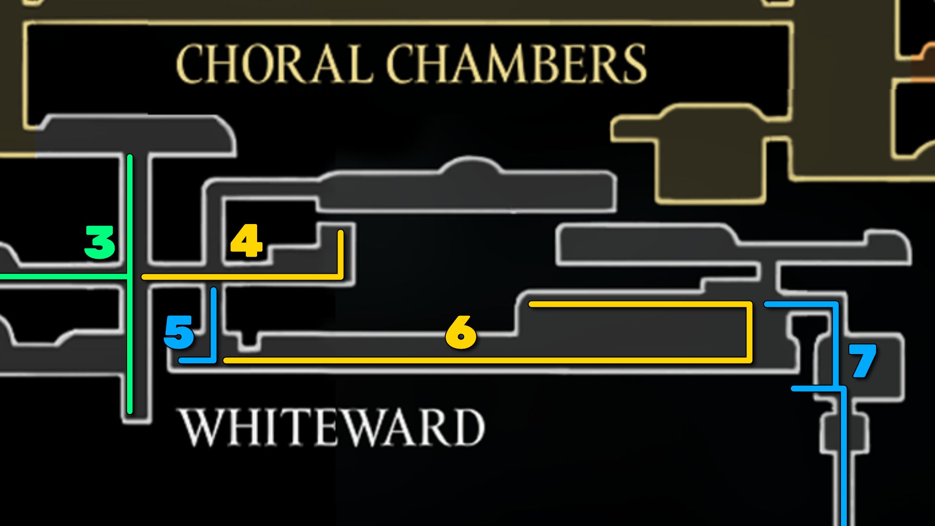Part of the Hollow Knight: Silksong map of the Whiteward, showing the path forward according to our walkthrough. - 8