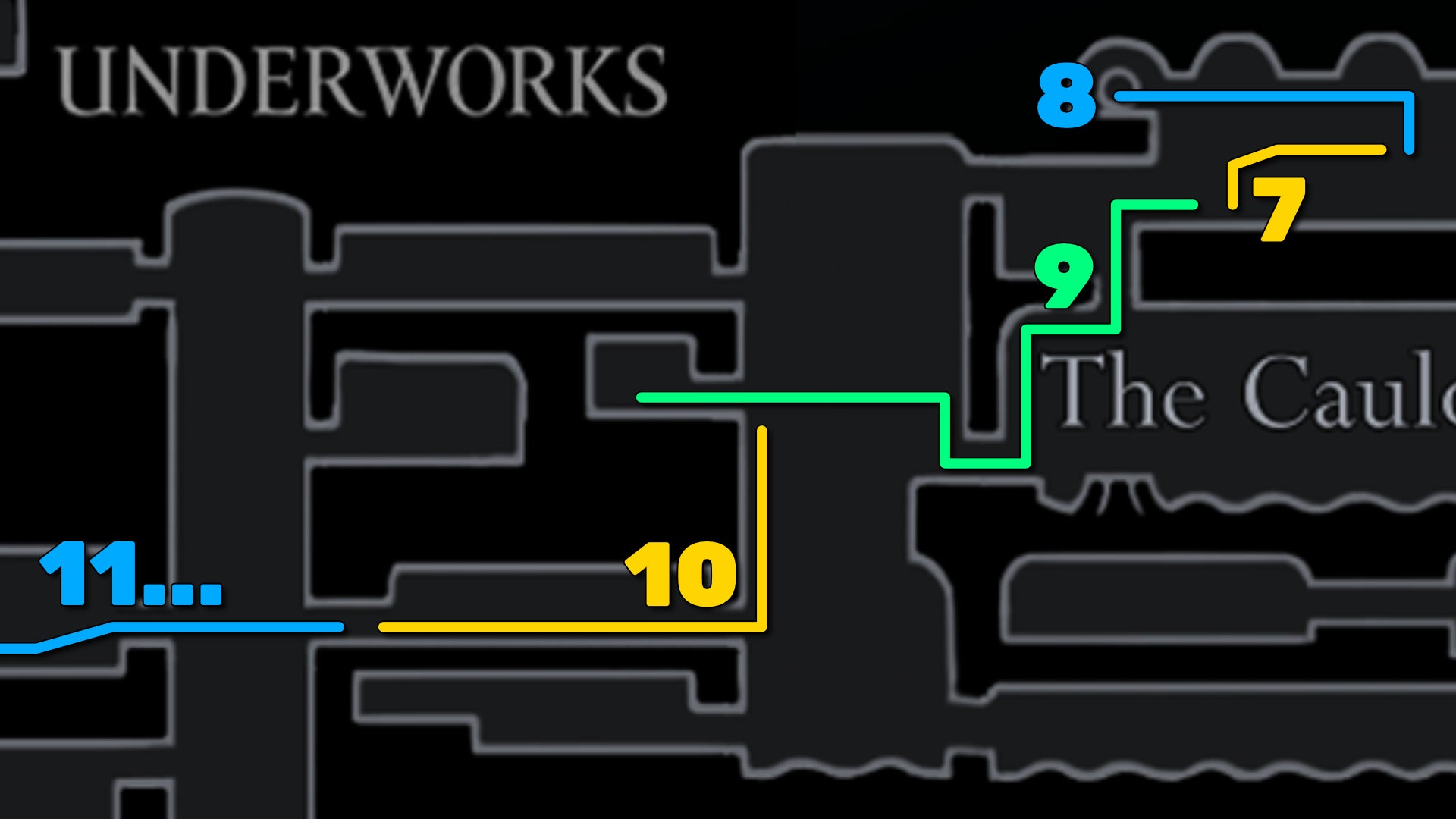 Part of the Hollow Knight: Silksong map of the Underworks, showing the path forward according to our walkthrough. - 17