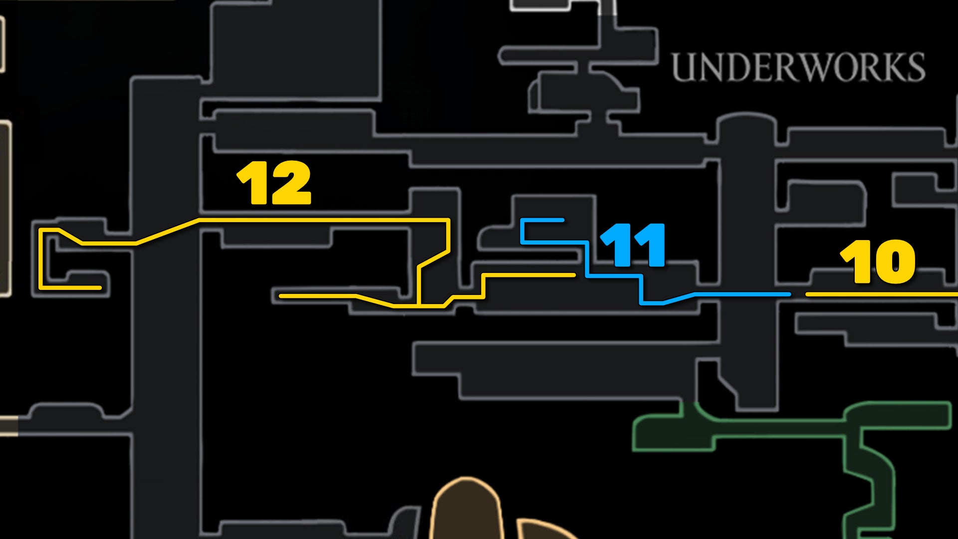 Part of the Hollow Knight: Silksong map of the Underworks, showing the path forward according to our walkthrough. - 27