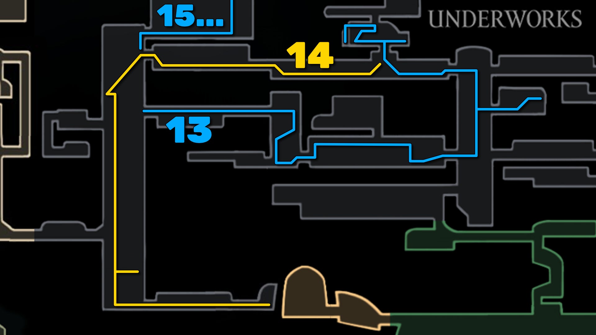 Part of the Hollow Knight: Silksong map of the Underworks, showing the path forward according to our walkthrough. - 36