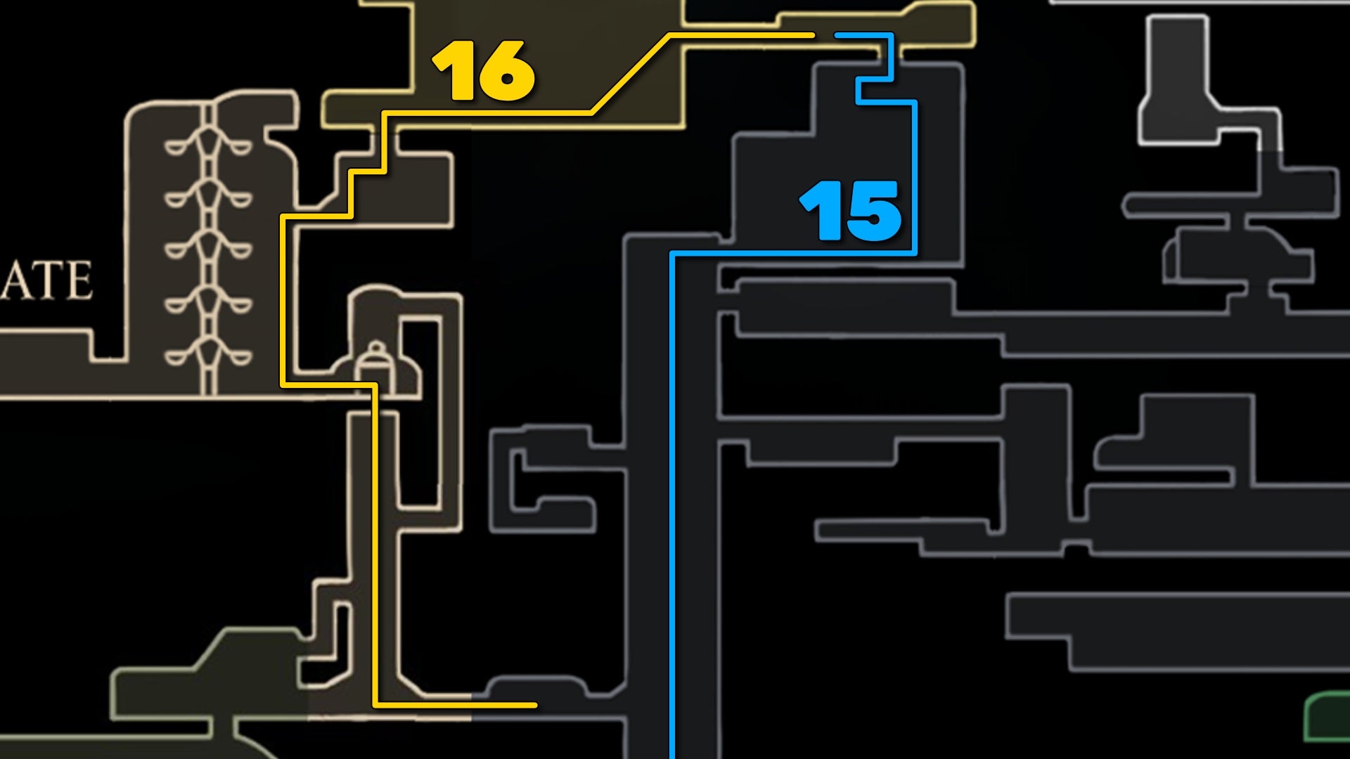 Part of the Hollow Knight: Silksong map of the Underworks, showing the path forward according to our walkthrough. - 45