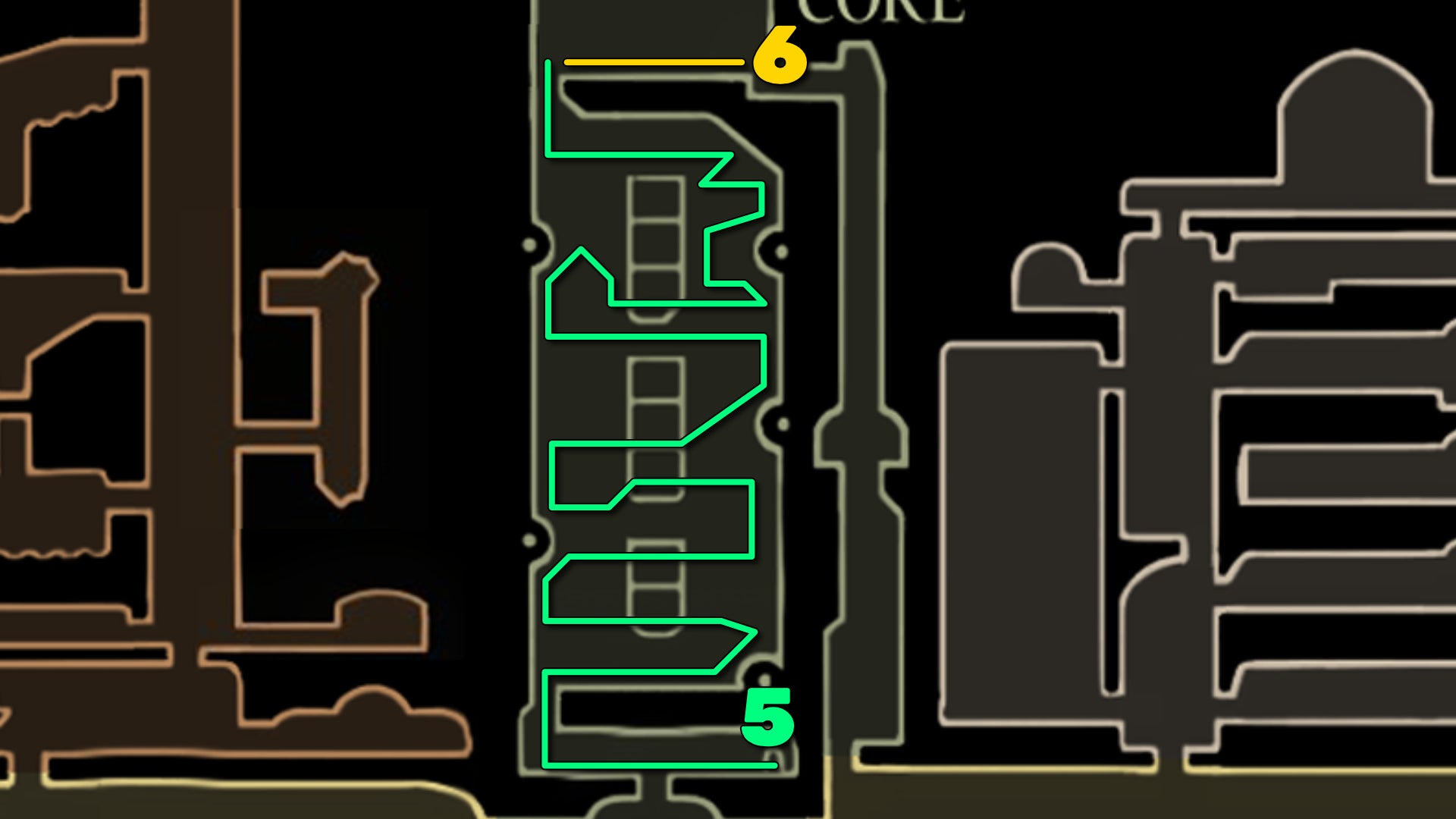 Part of the Hollow Knight: Silksong map of the Cogwork Core, showing the path forward according to our walkthrough. - 16