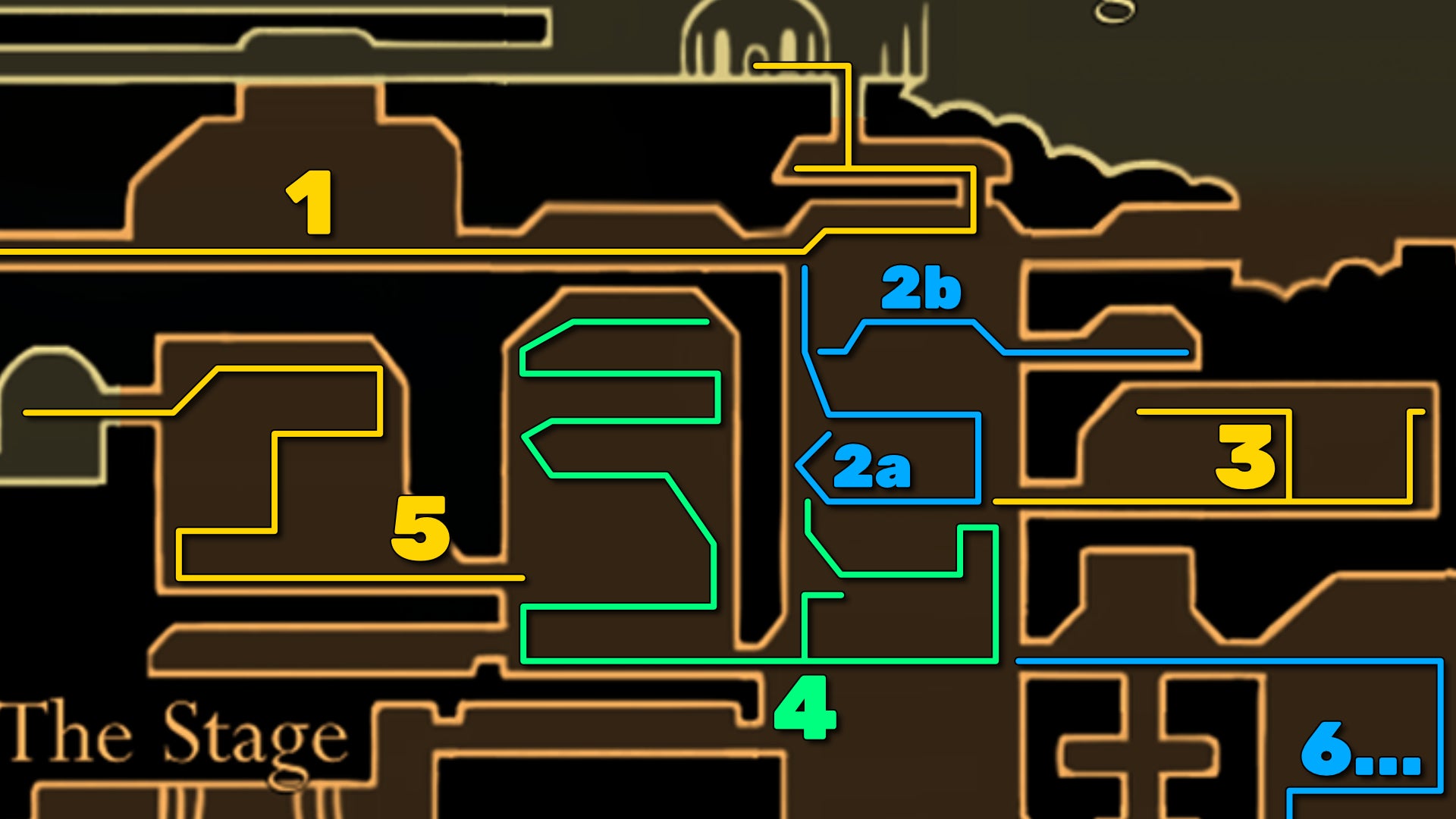 Part of the Hollow Knight: Silksong map of the Whispering Vaults, showing the path forward according to our walkthrough. - 3