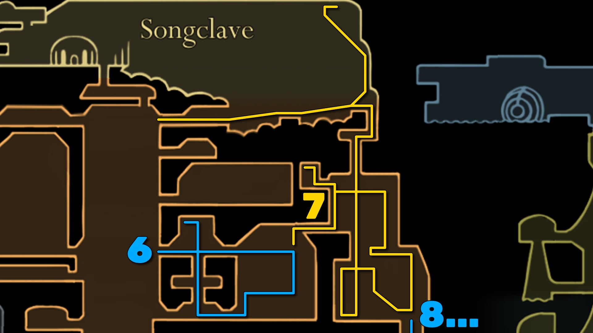 Part of the Hollow Knight: Silksong map of the Whispering Vaults, showing the path forward according to our walkthrough. - 24