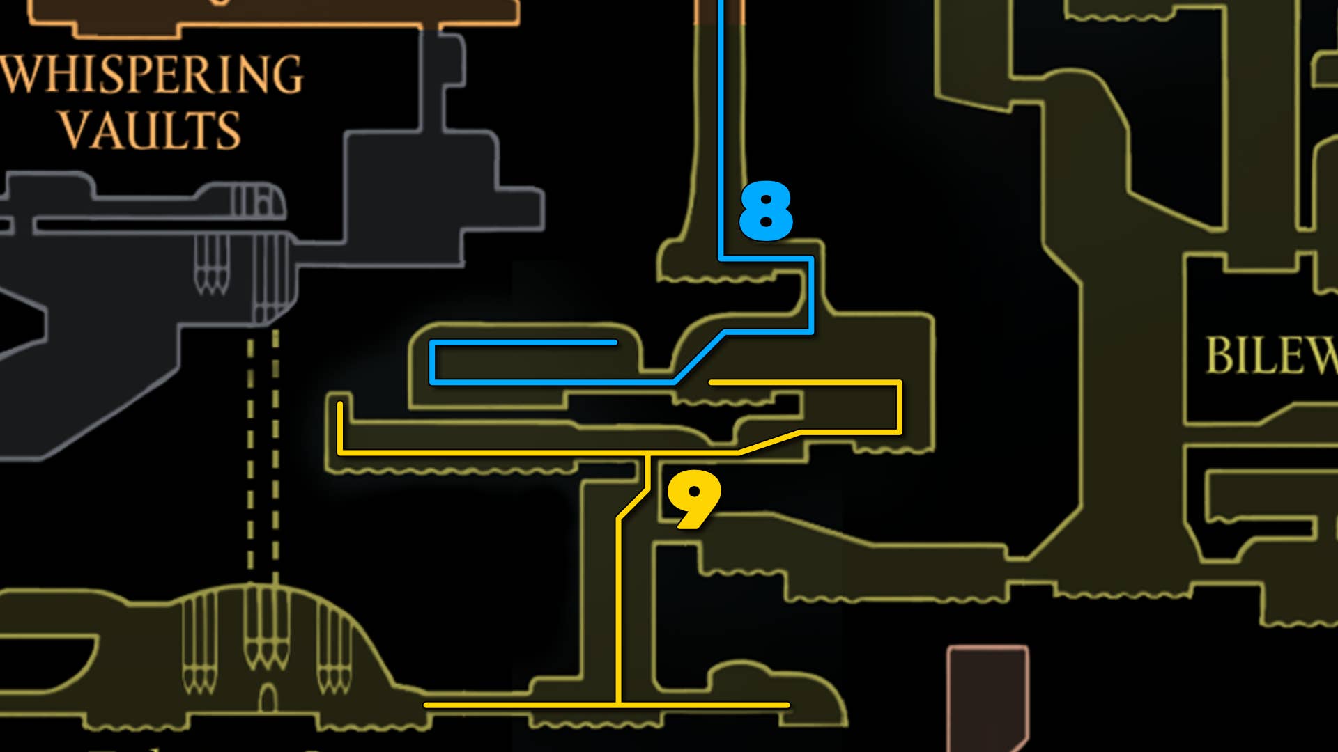 Part of Hollow Knight: Silkson's Billewater map, showing the path to follow our walkthrough.