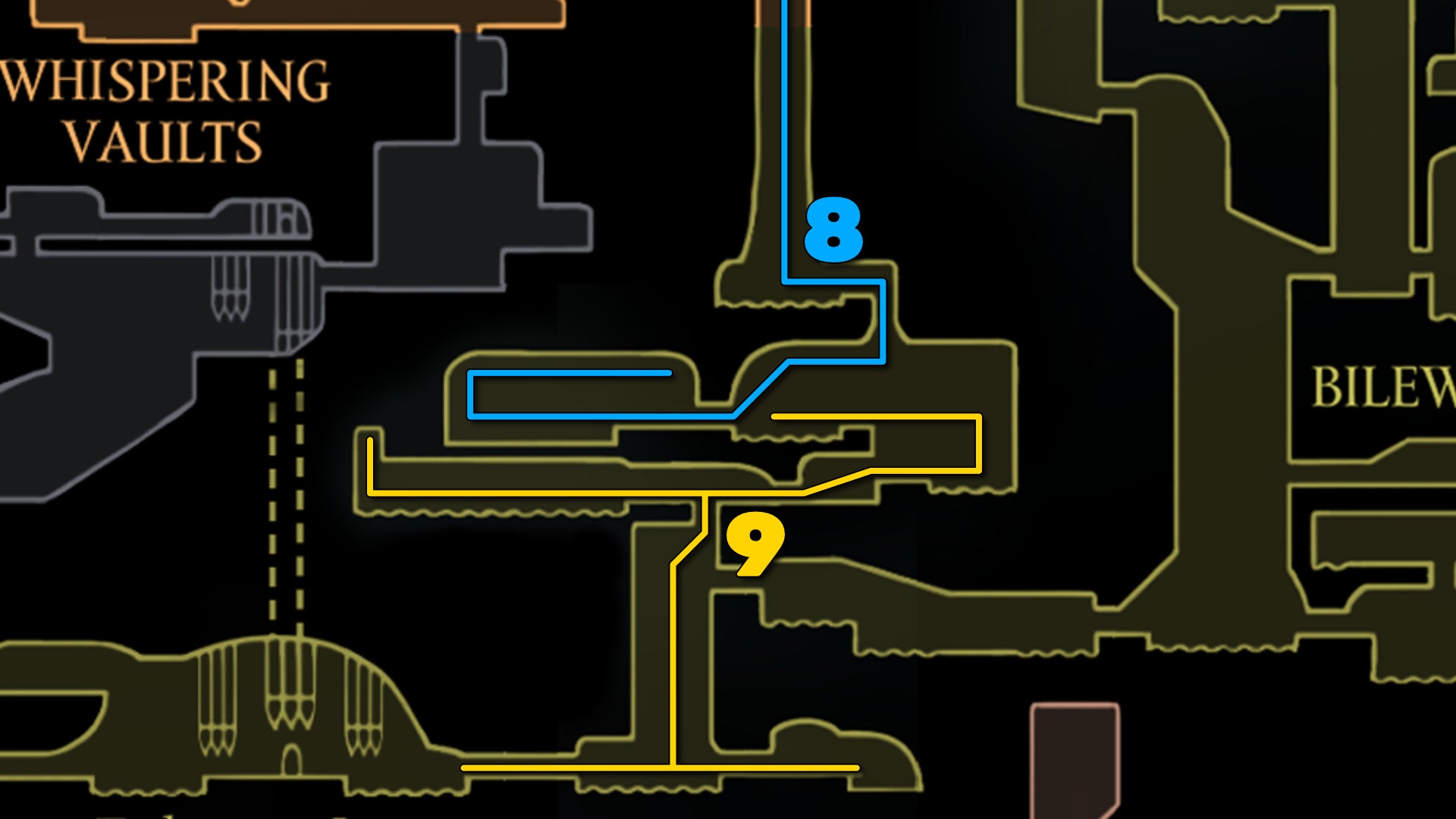 Part of the Hollow Knight: Silksong map of Bilewater, showing the path forward according to our walkthrough. - 37
