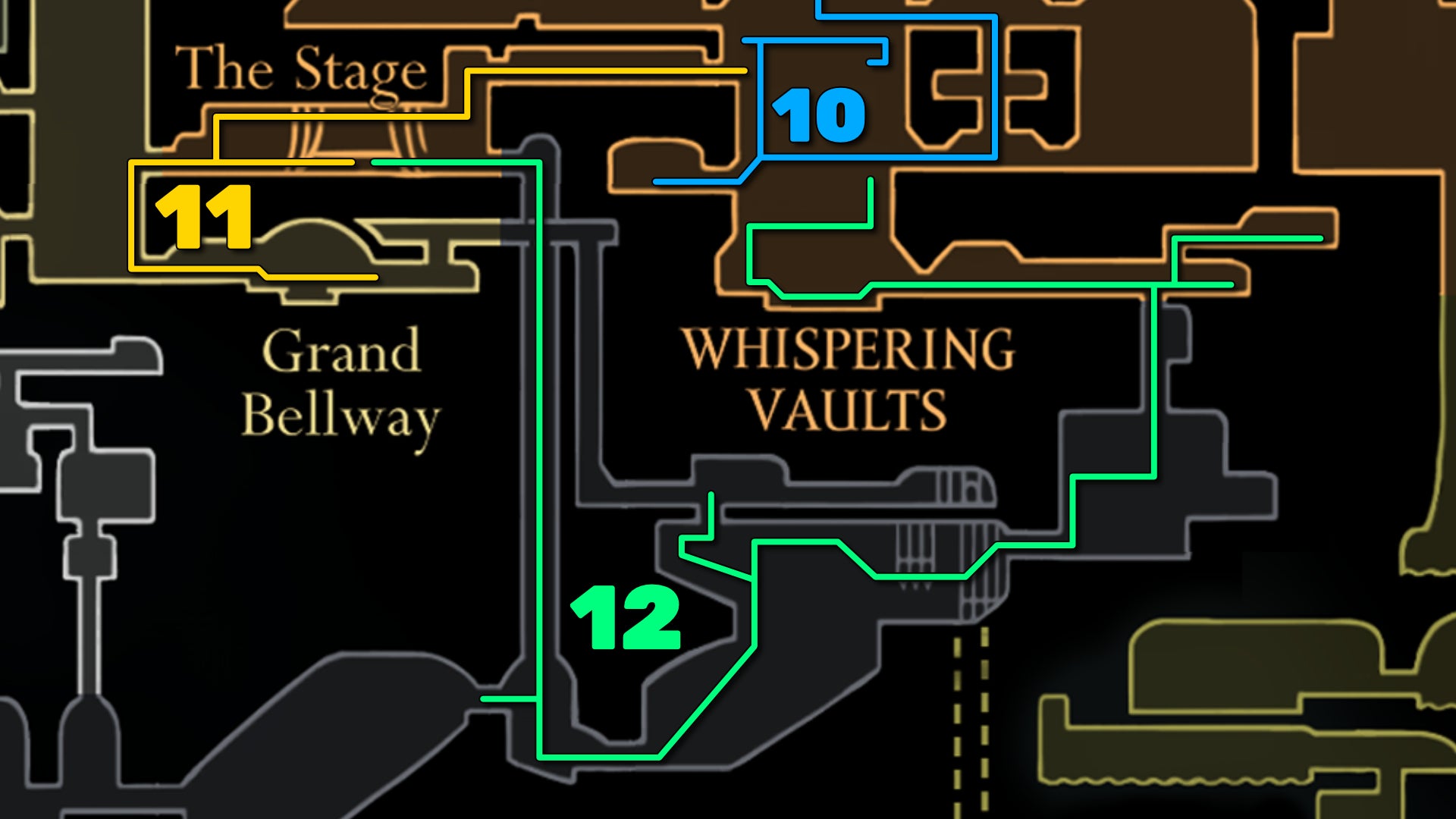Part of the Hollow Knight: Silksong map of the Whispering Vaults, showing the path forward according to our walkthrough. - 44