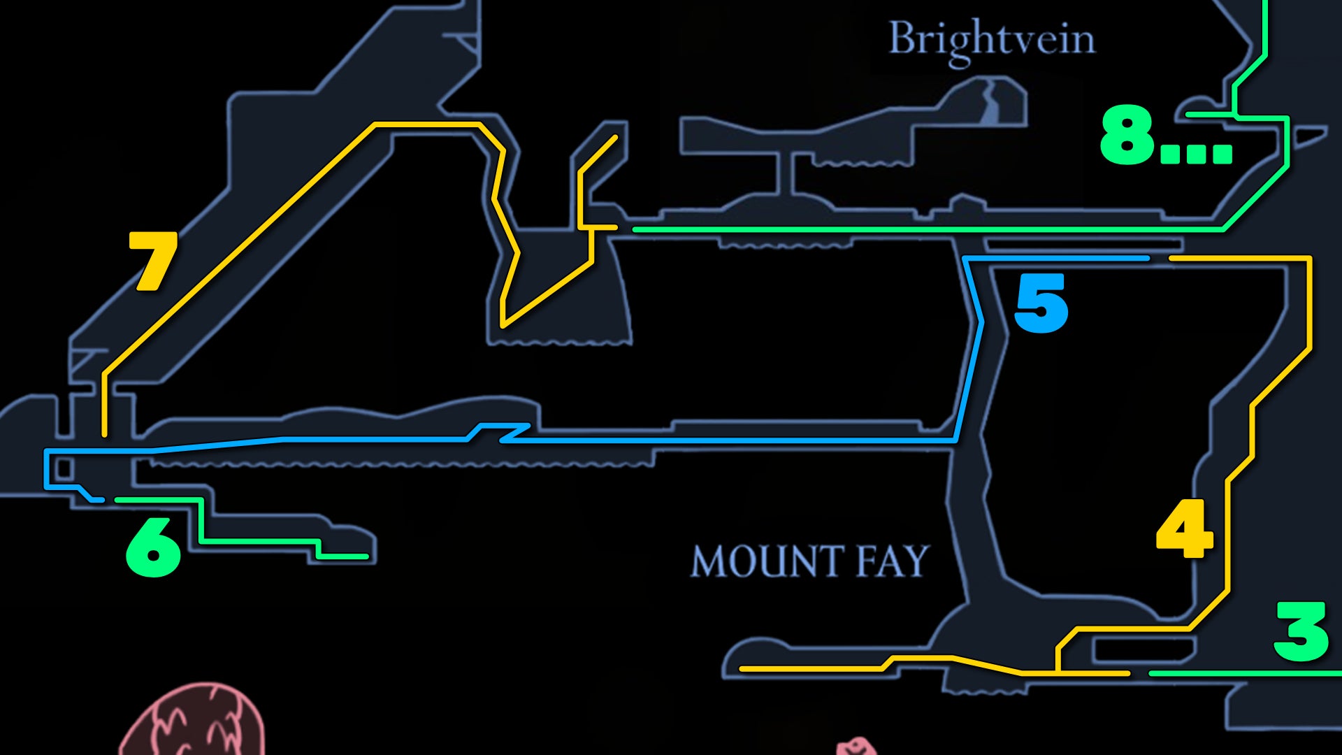 Part of the Hollow Knight: Silksong map of Mount Fay, showing the path forward according to our walkthrough. - 12