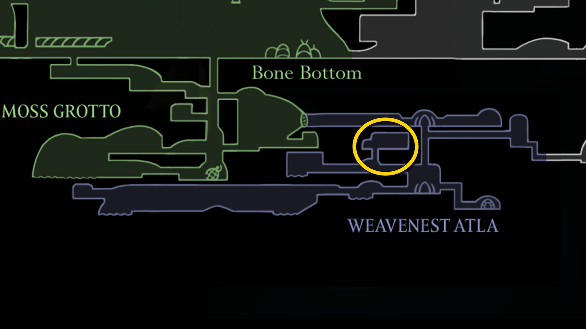 Part of the Hollow Knight: Silksong map for Weavenest Atla. It shows you the path to follow our walkthrough.