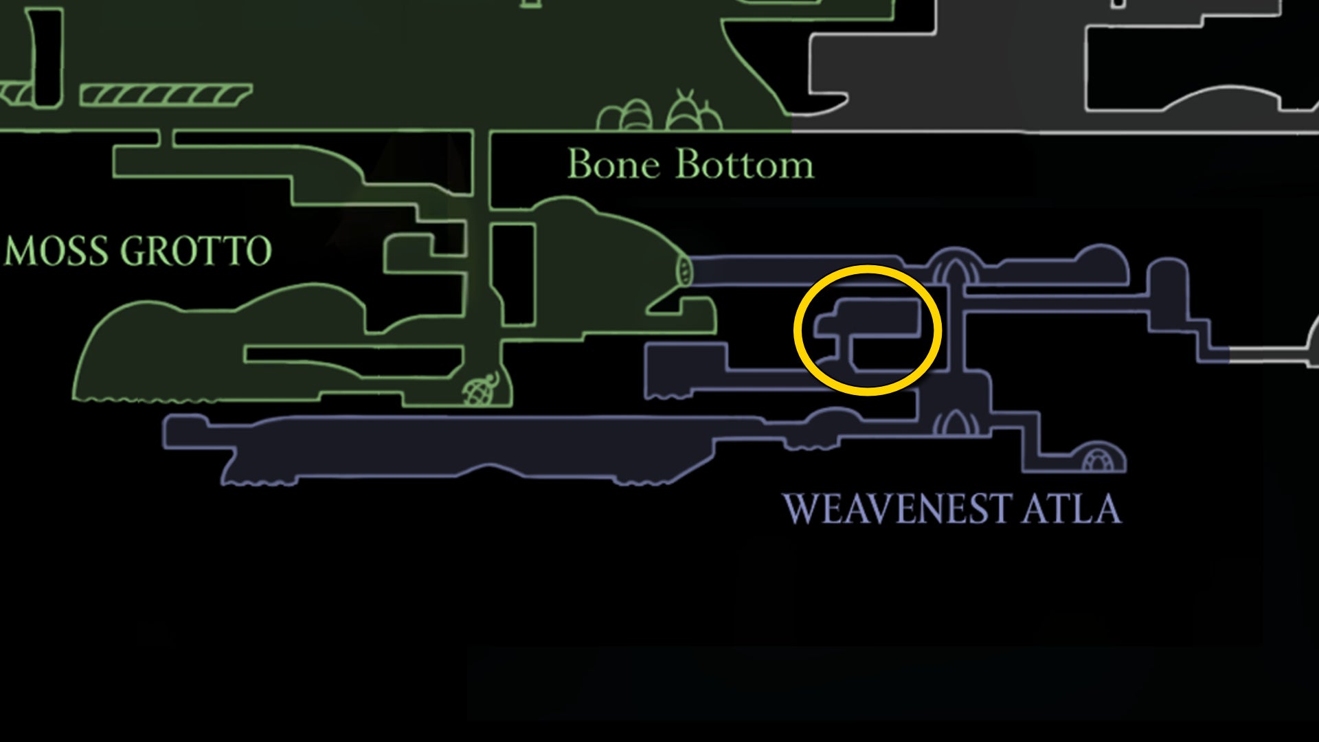 Part of the Hollow Knight: Silksong map of Weavenest Atla, showing the path forward according to our walkthrough. - 9