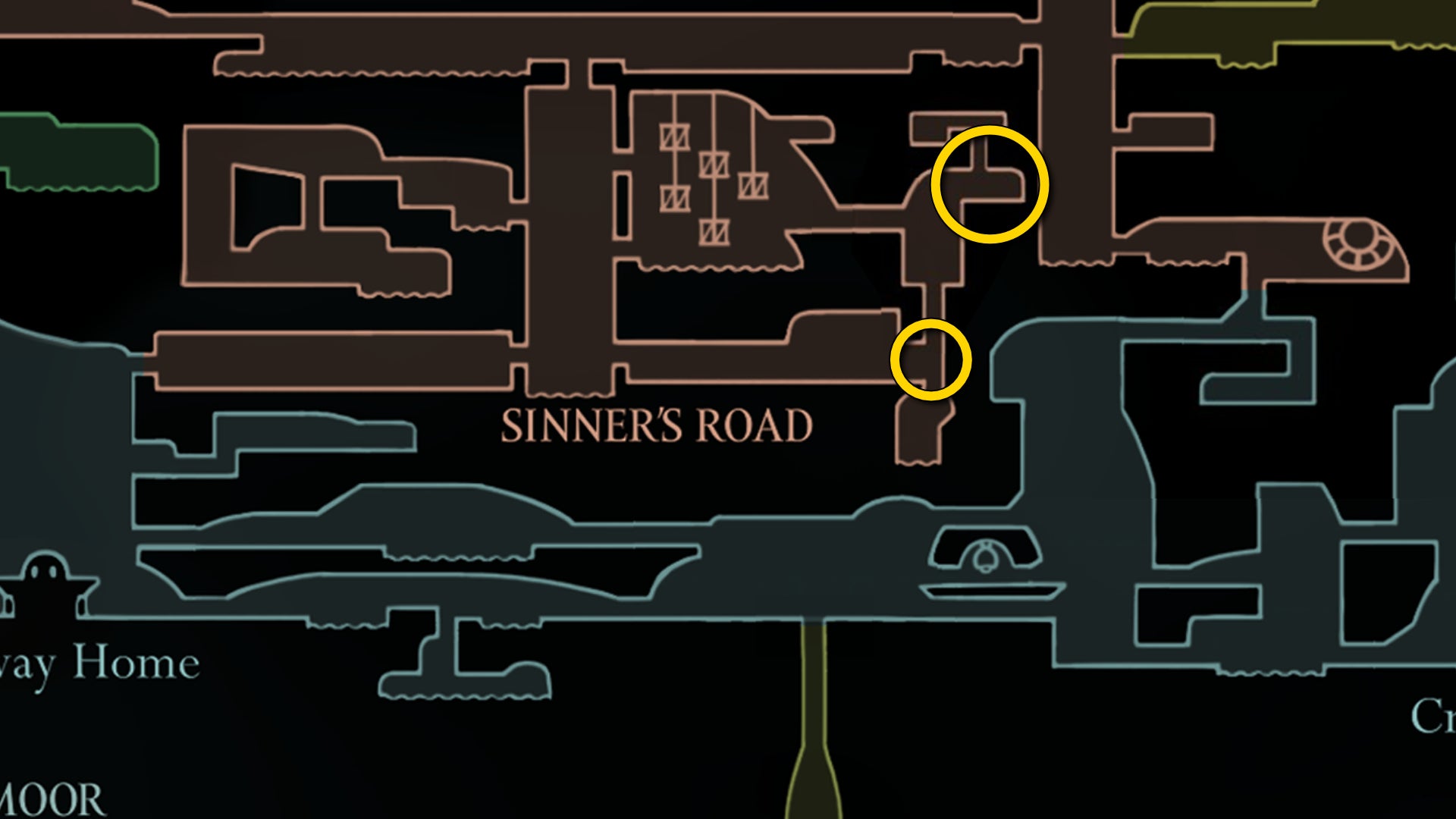 Part of the Hollow Knight: Silksong map of Sinner's Road, showing the path forward according to our walkthrough. - 29