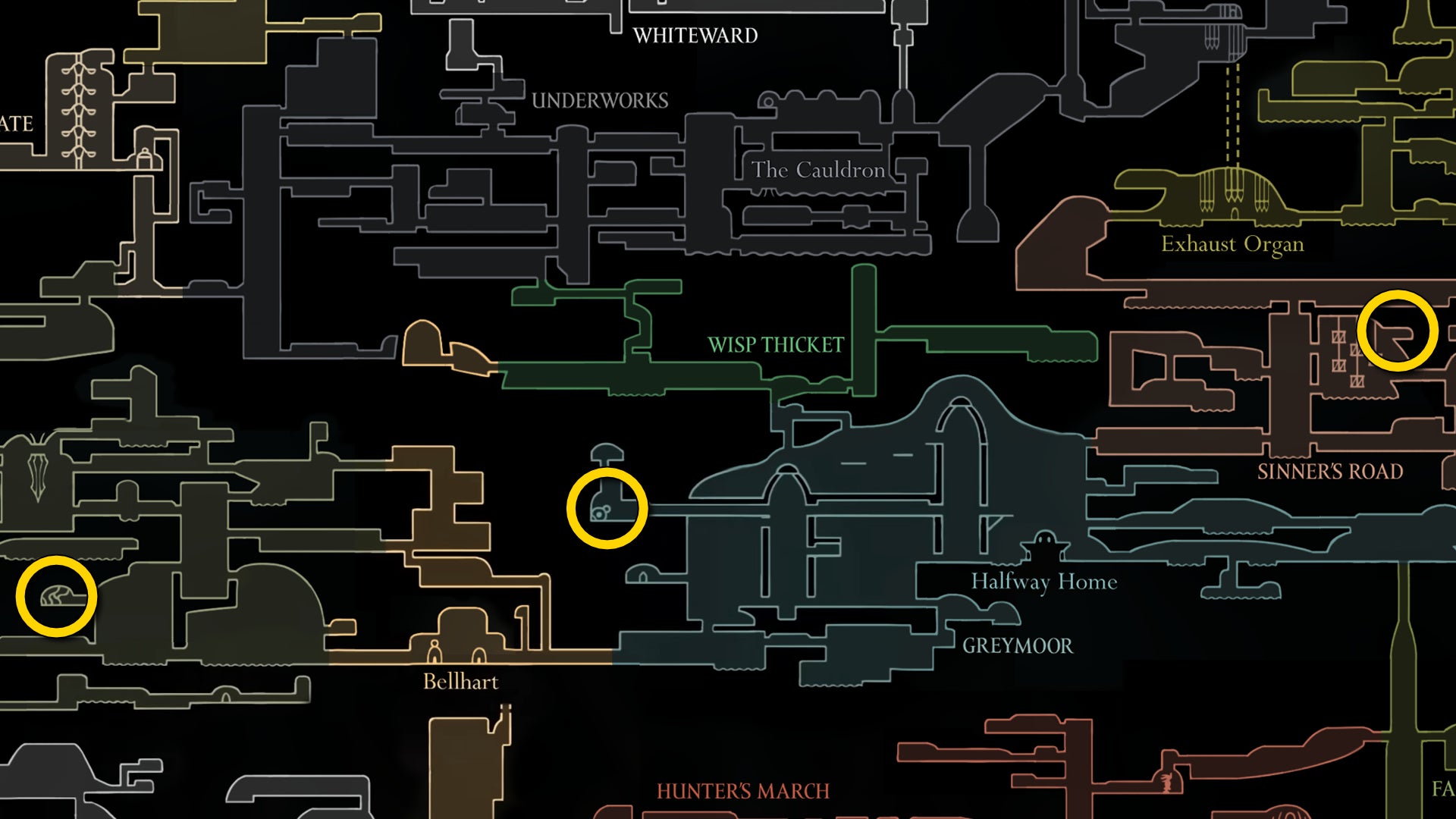Part of the Hollow Knight: Silksong map, showing the path forward according to our walkthrough. - 33