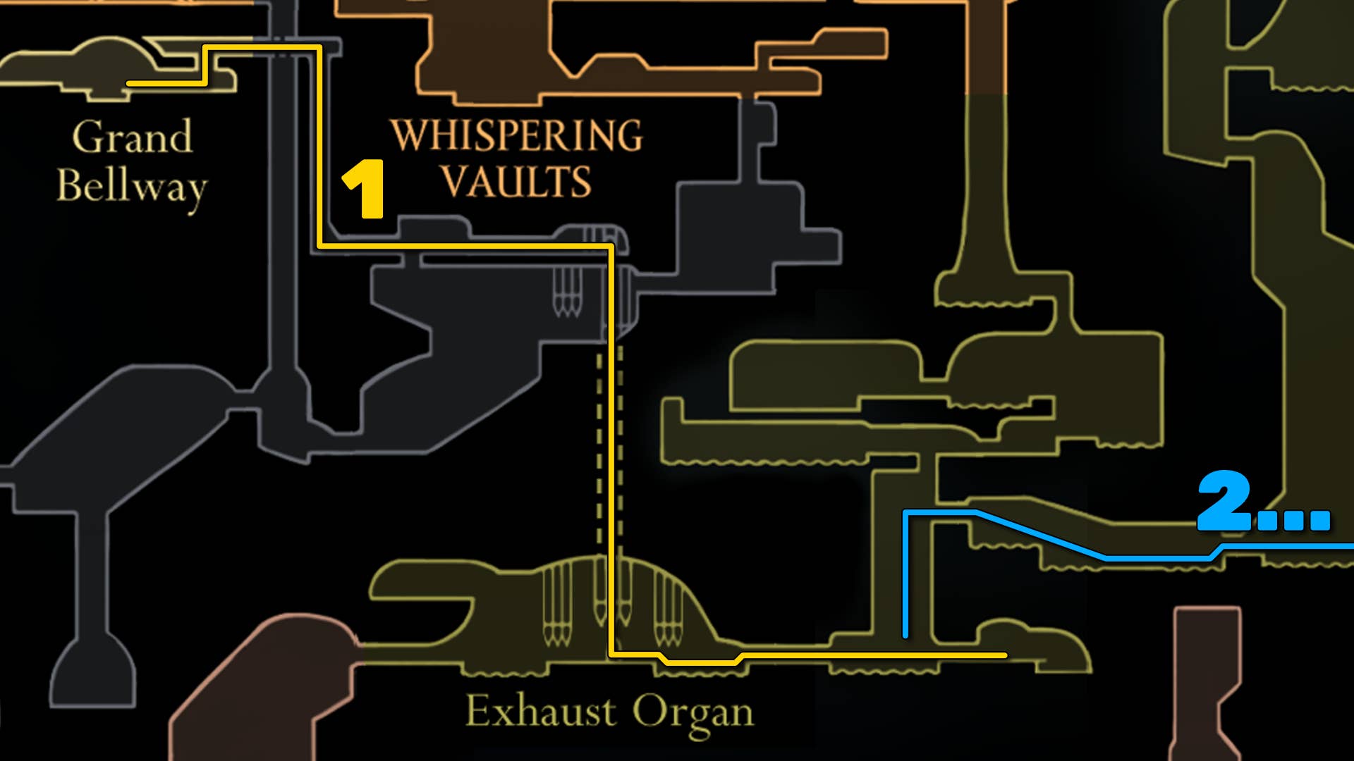 Part of Hollow Knight: Silkson's Billewater map, showing the path to follow our walkthrough.