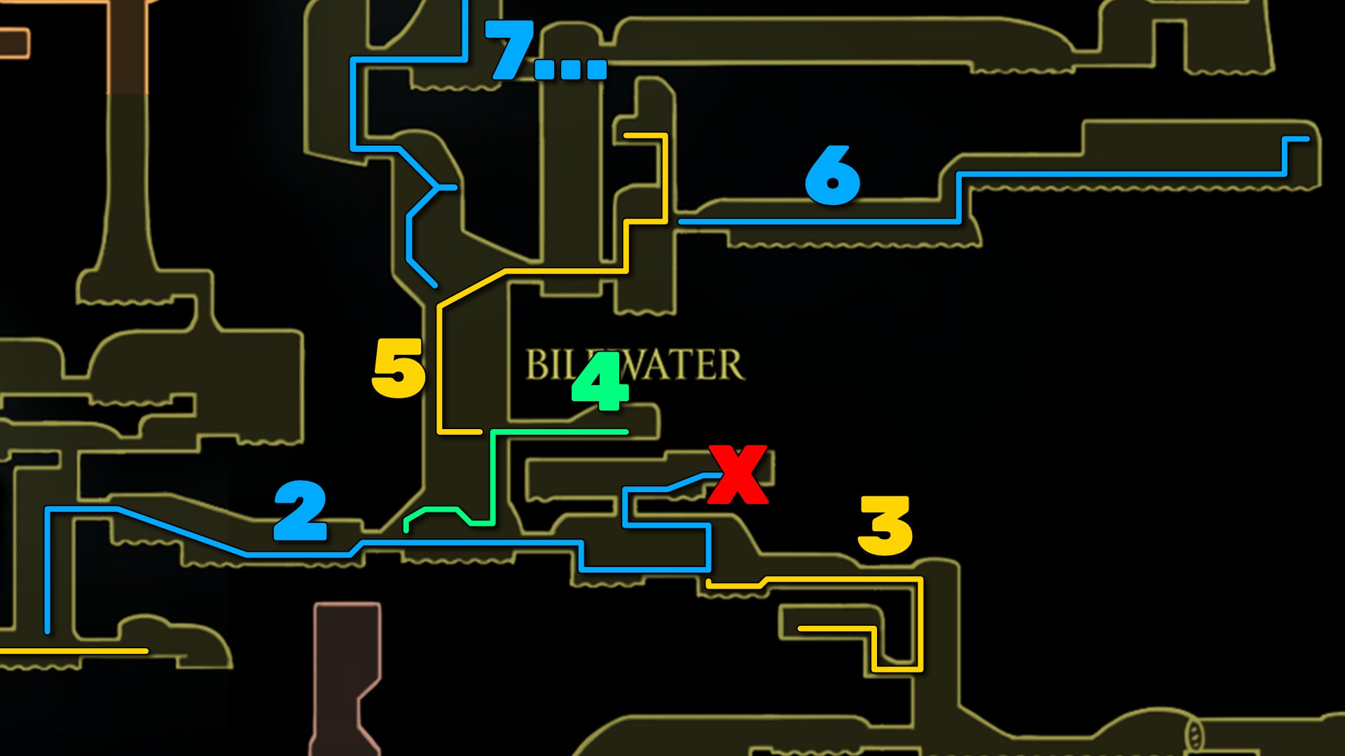 Part of the Hollow Knight: Silksong map of Bilewater, showing the path forward according to our walkthrough. - 9