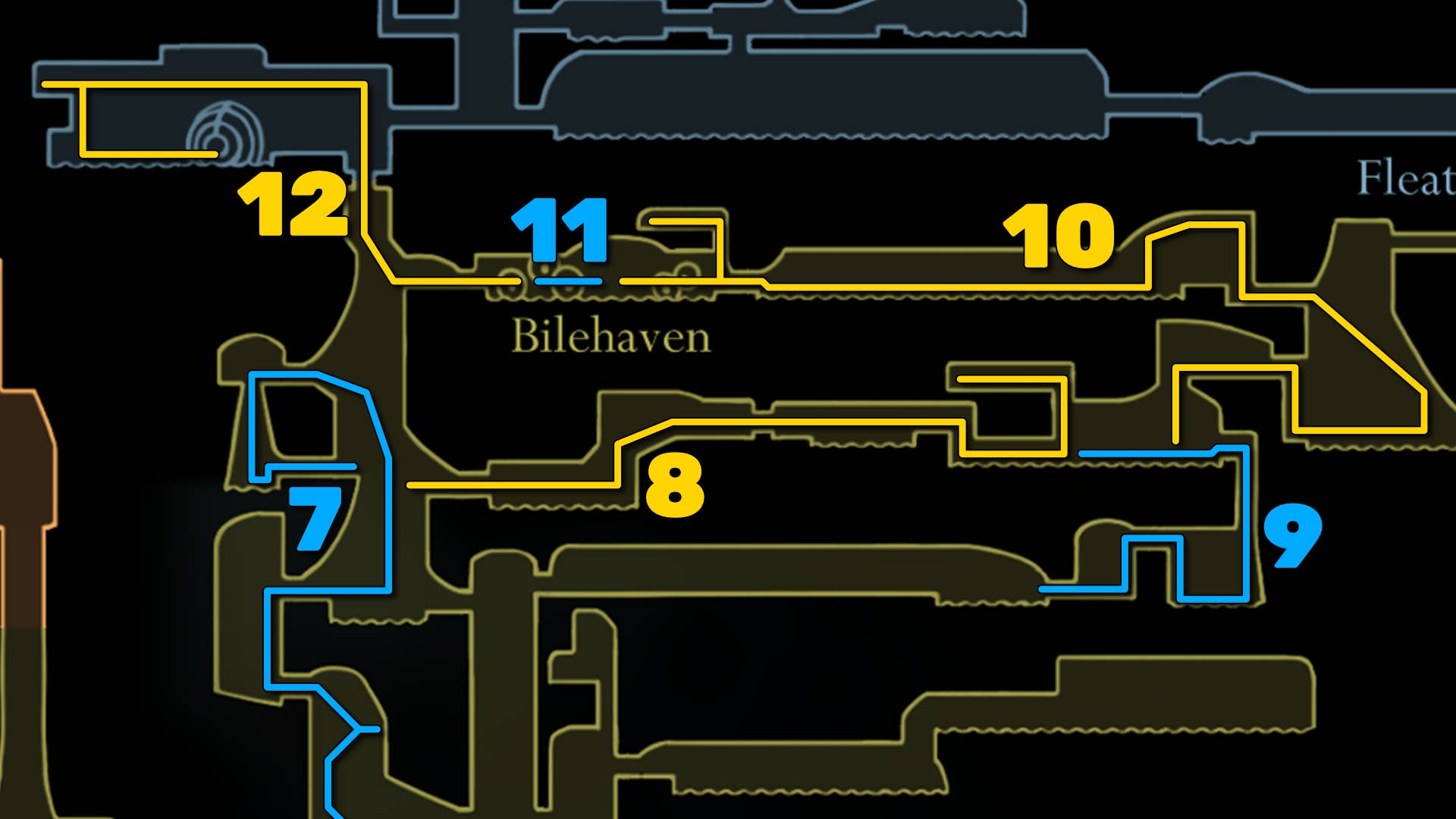 Part of Hollow Knight: Silkson's Billewater map, showing the path to follow our walkthrough.