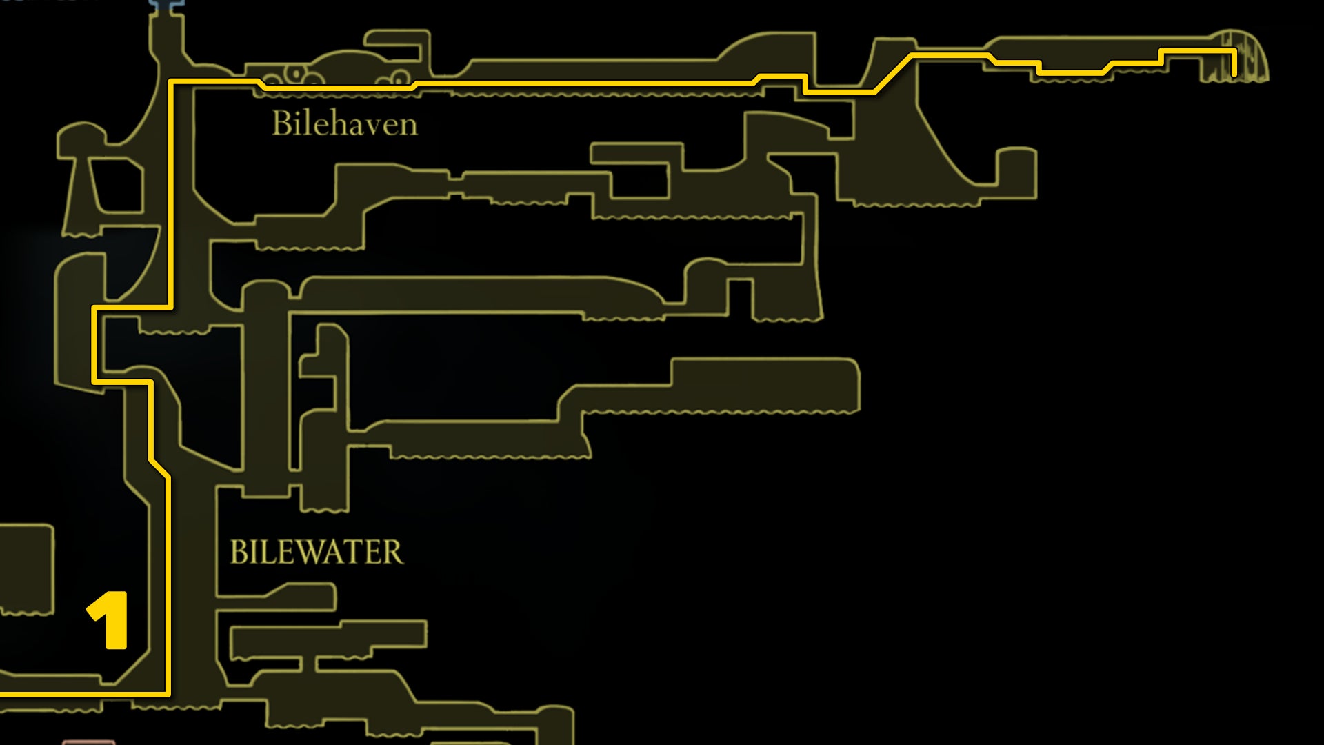 Part of the Hollow Knight: Silksong map of Bilewater, showing the path forward according to our walkthrough. - 3