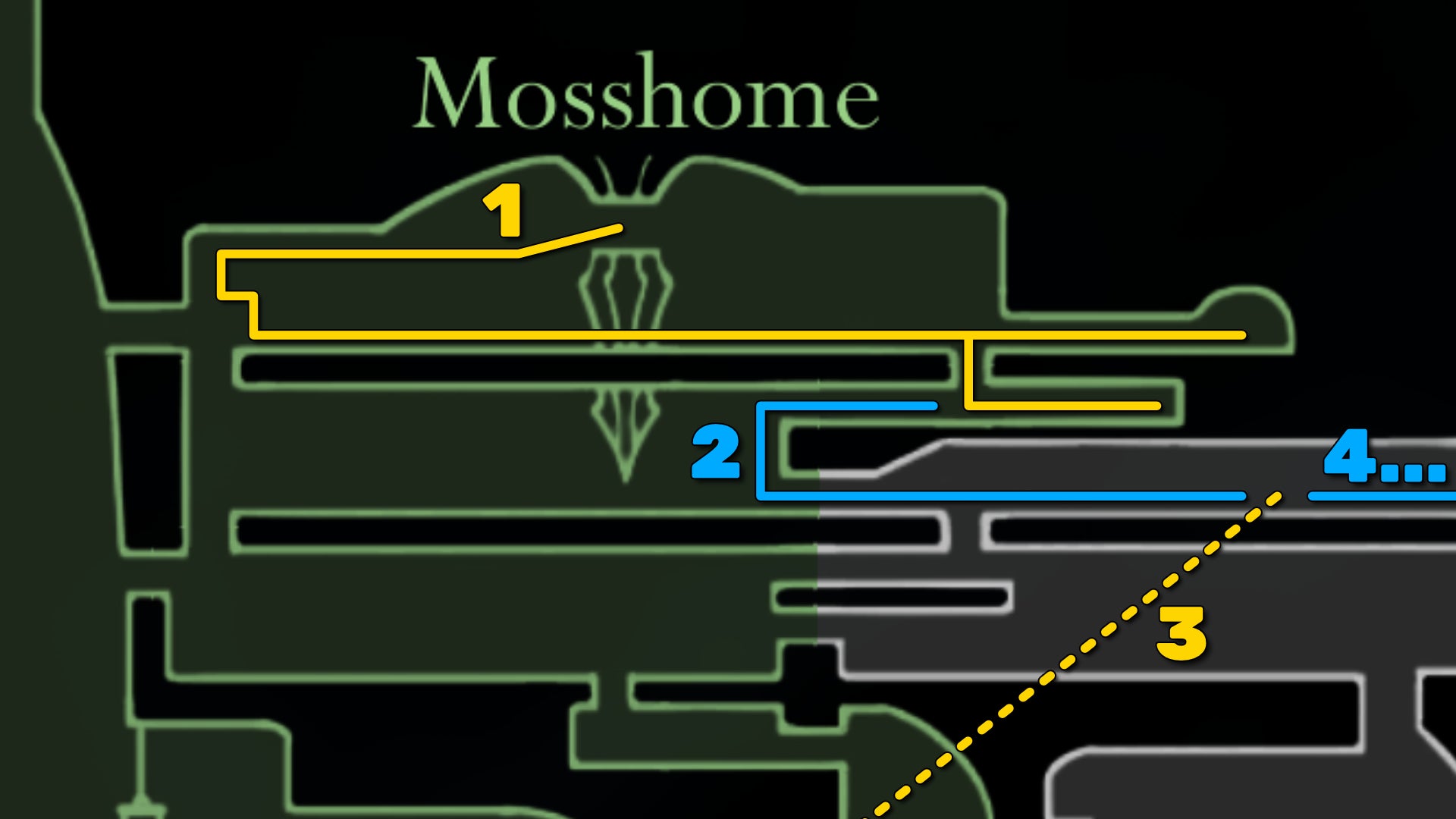 Part of the Hollow Knight: Silksong map of Mosshome, showing the path forward according to our walkthrough. - 3