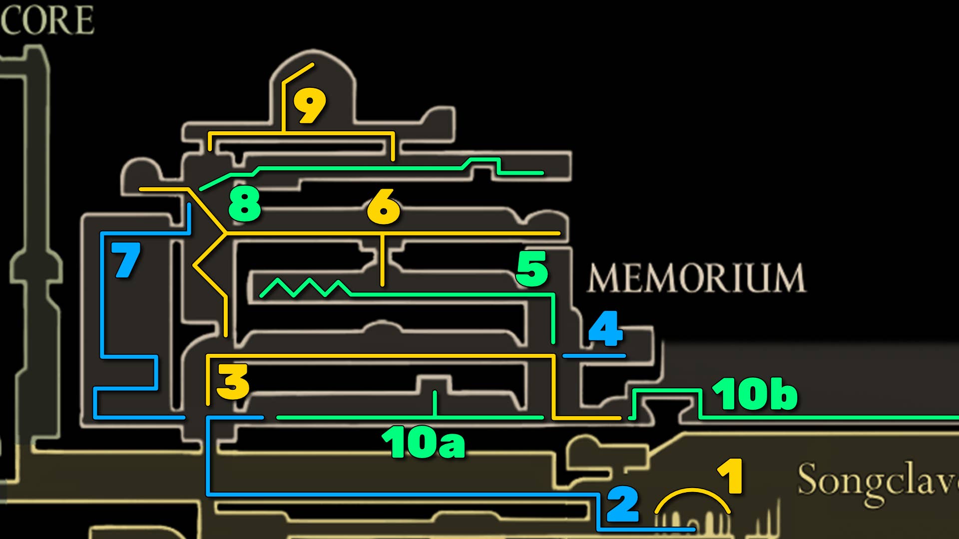 Part of Hollow Knight: Map of Silkson's Notes, showing the path to follow our walkthrough.
