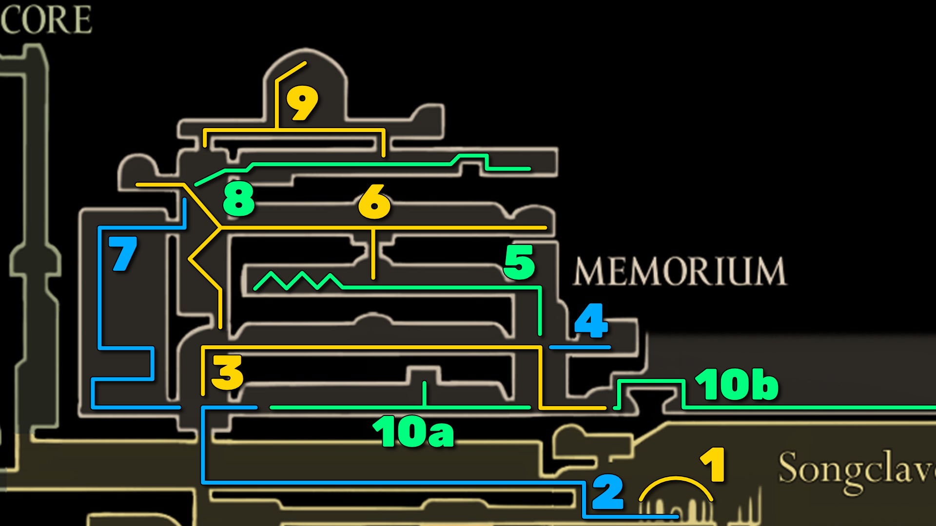 Part of the Hollow Knight: Silksong map of Memorium, showing the path forward according to our walkthrough. - 3