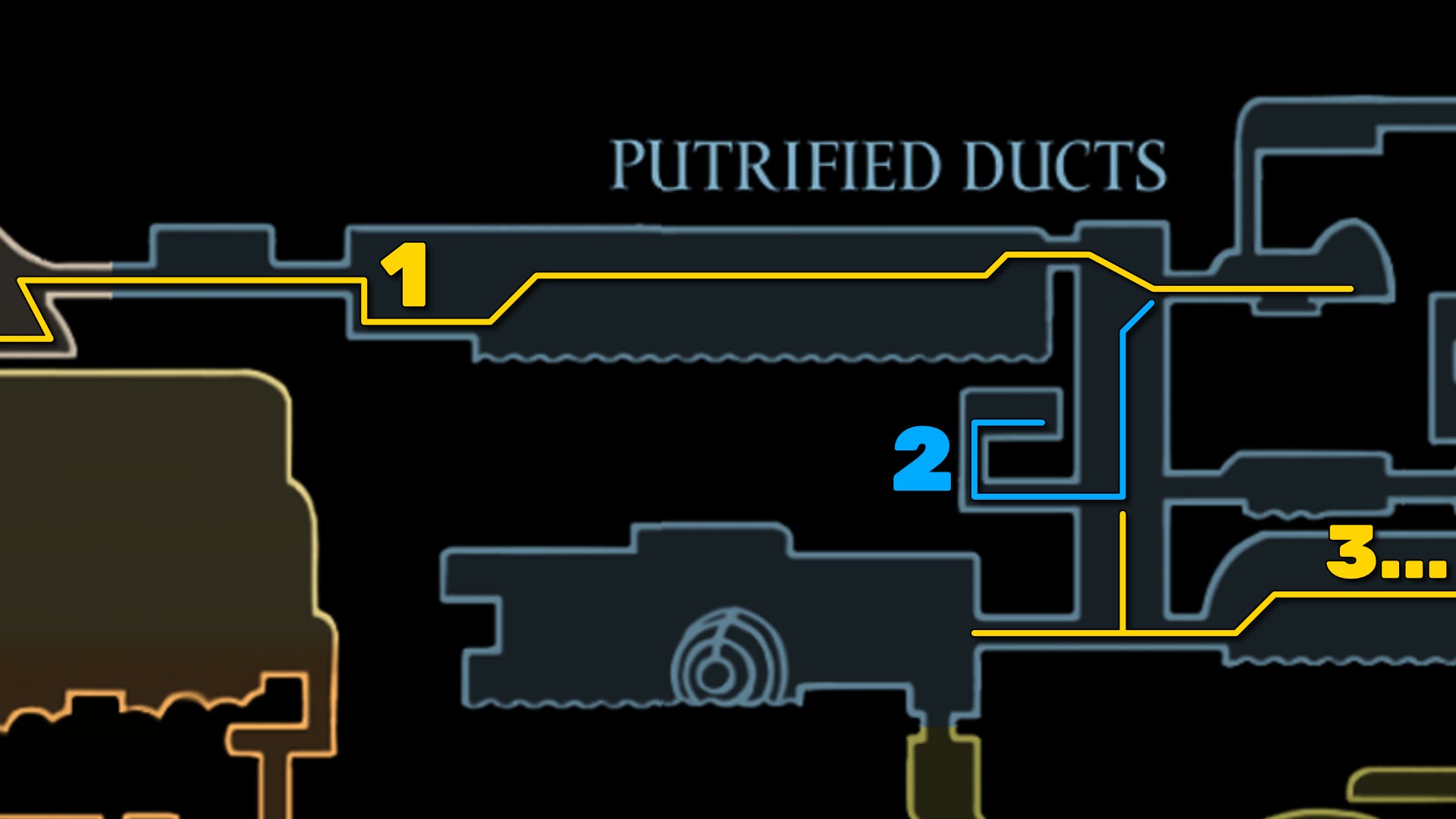 Part of the Hollow Knight: Silksong map of the Putrified Ducts, showing the path forward according to our walkthrough. - 3