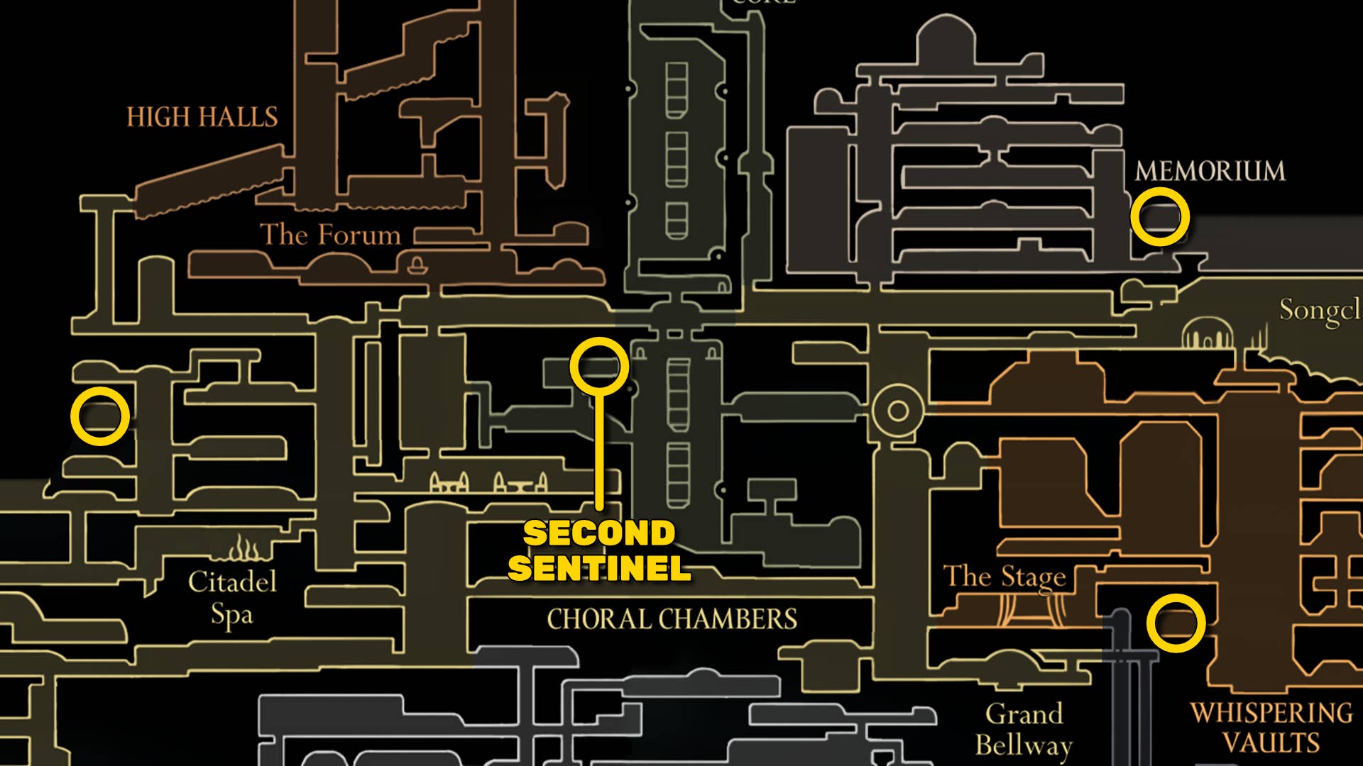 Part of Hollow Knight: Silkson map, showing the location of the Kogie Topeace and the second Sentinel.