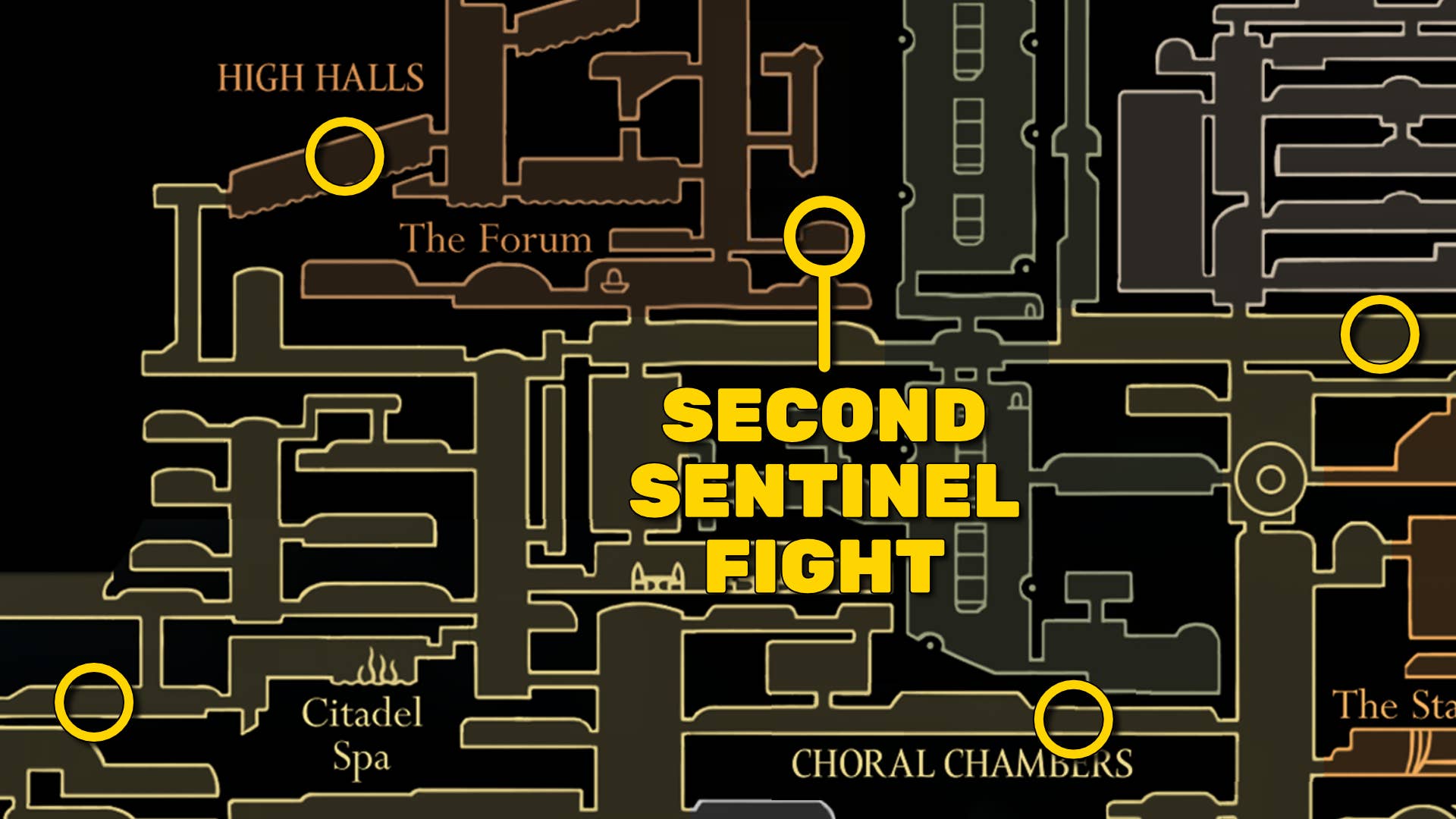 Part of Hollow Knight: Silksong map. It shows where you can see the second Sentinel fighting and where players can fight the second Sentinel.