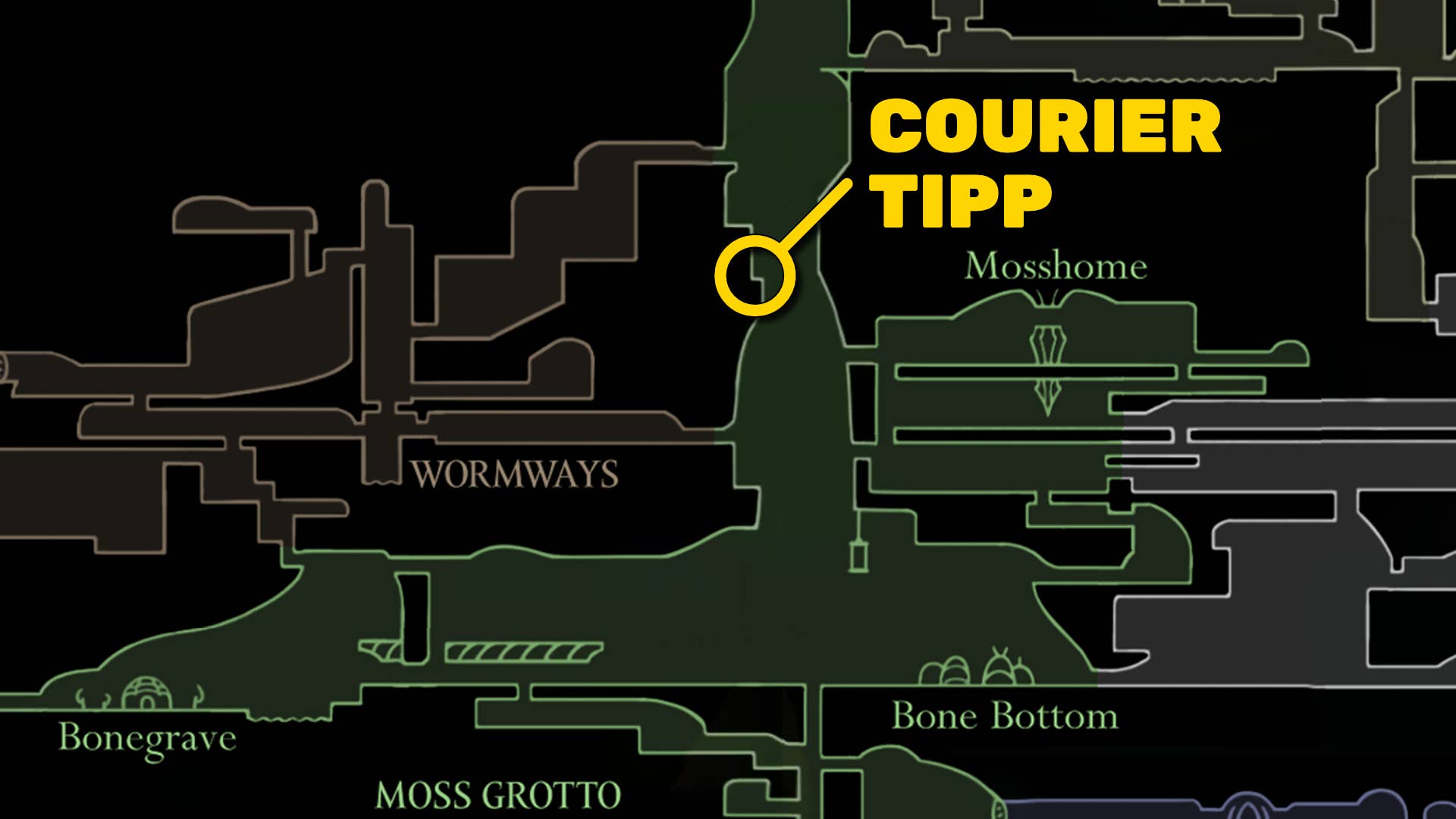 Part of Hollow Knight: Silkson map, showing location of Courierithip.