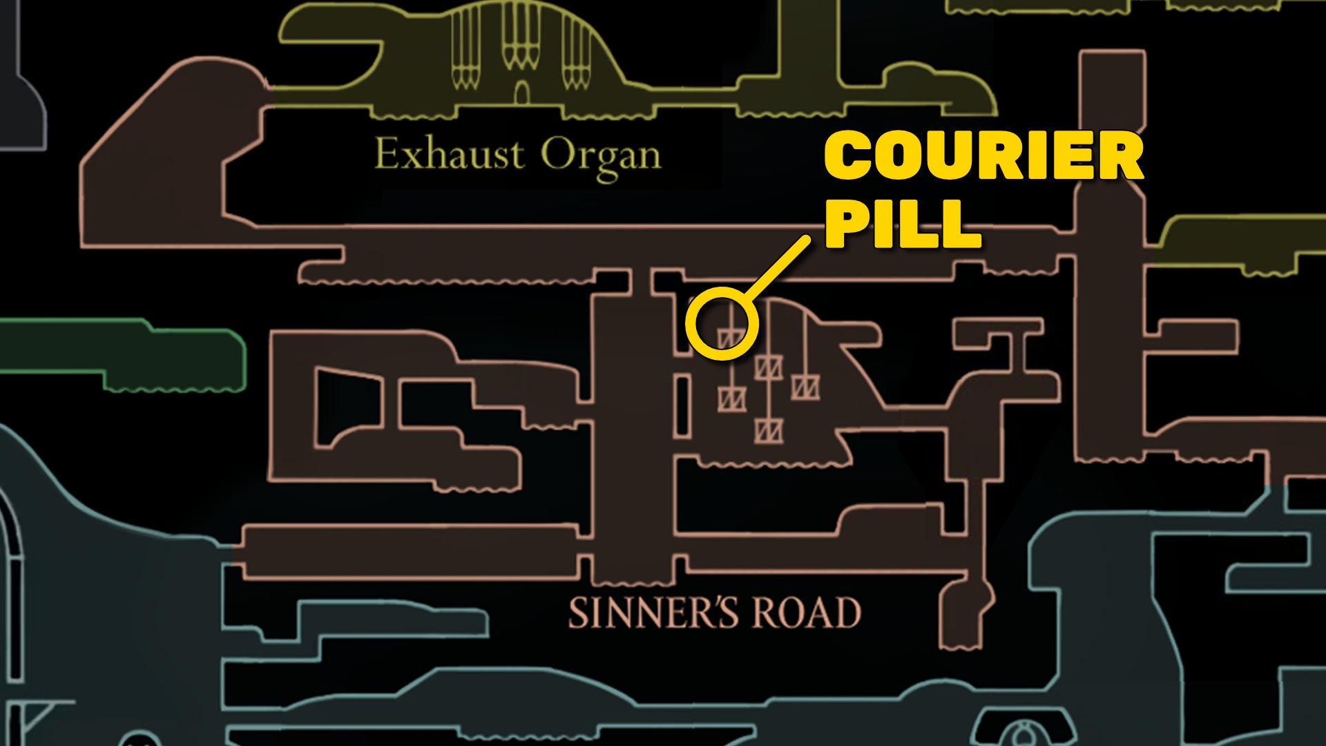 A screenshot of Hollow Knight: Silksong showing the path through the beginning of Act 3. - 11