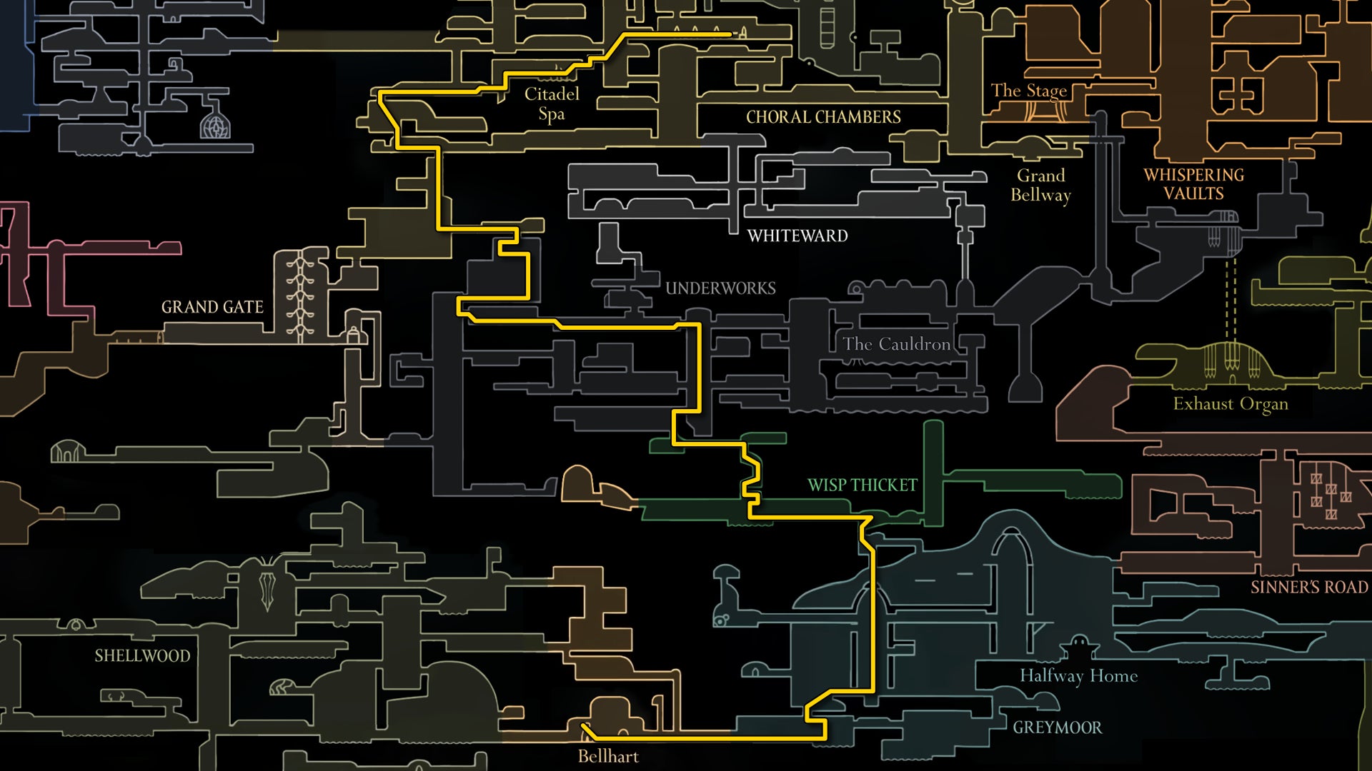 A screenshot of Hollow Knight: Silksong showing the path through the beginning of Act 3. - 13