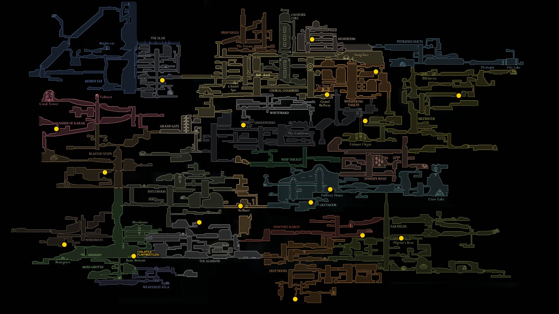 Part of Hollow Knight: Silksong Map, shows all the locations of all 18 memory rockets that players can find before the end of Act 2.