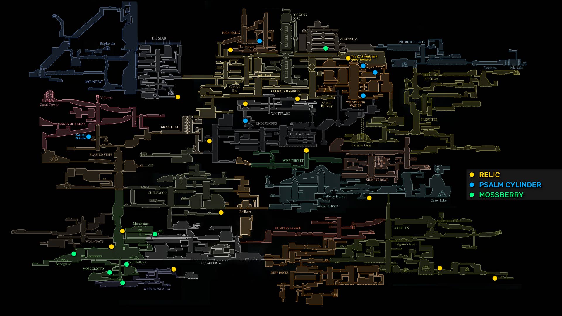 Part of Hollow Knight: Silksong map, all the artefacts, poem sal cylinders, and locations of Mossbury.