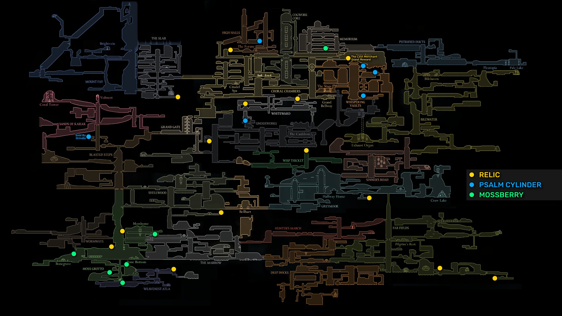 A screenshot of Hollow Knight: Silksong showing the path through the beginning of Act 3. - 24