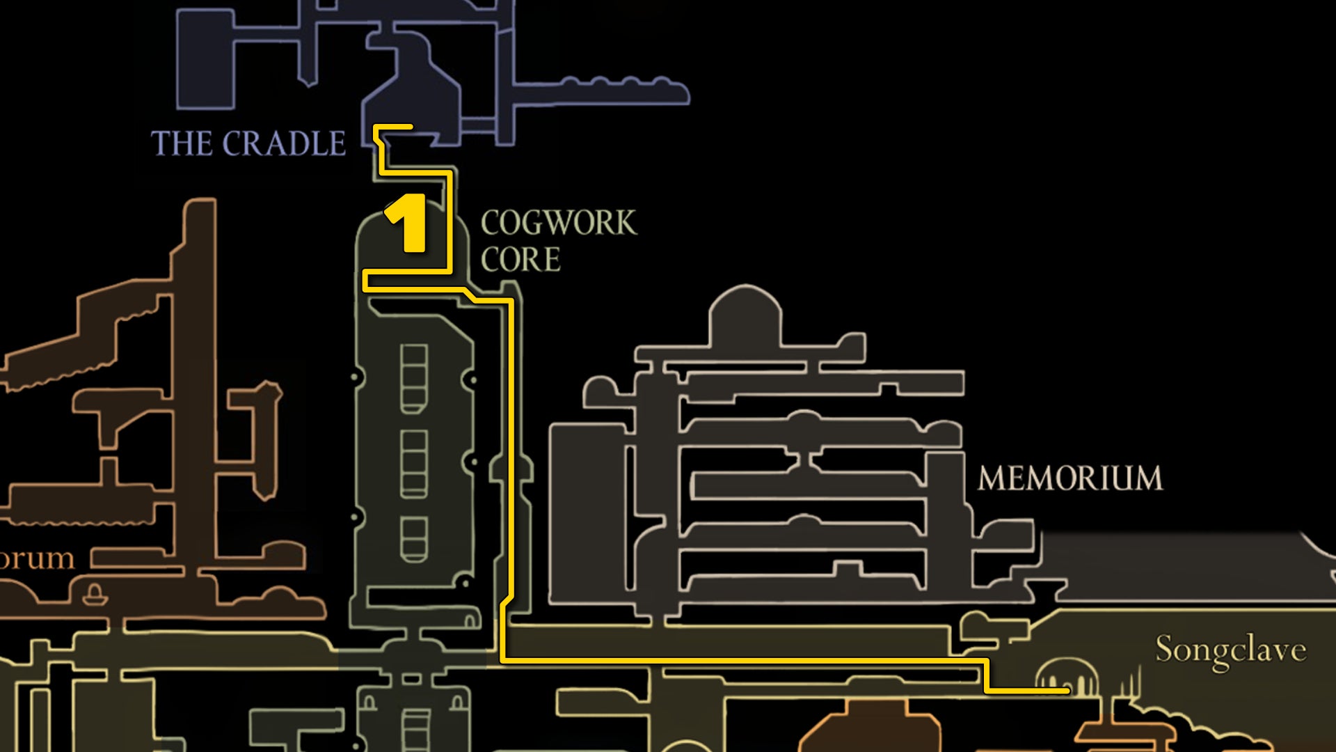 Part of the Hollow Knight: Silksong map of The Citadel, showing the path out of The Cradle according to our walkthrough. - 3